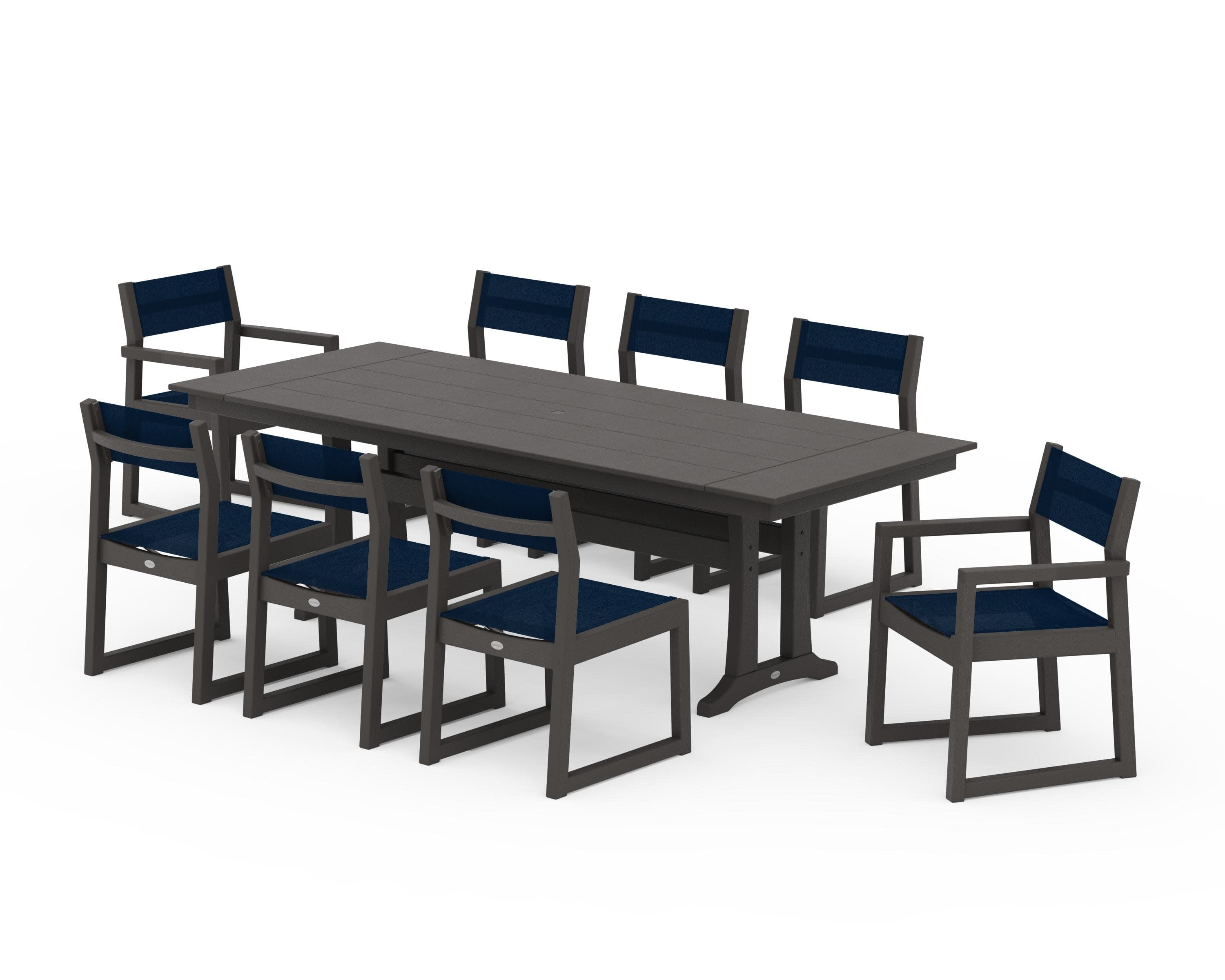 EDGE Sling 9-Piece Farmhouse Trestle Dining Set in Vintage Coffee / Navy Blue Sling
