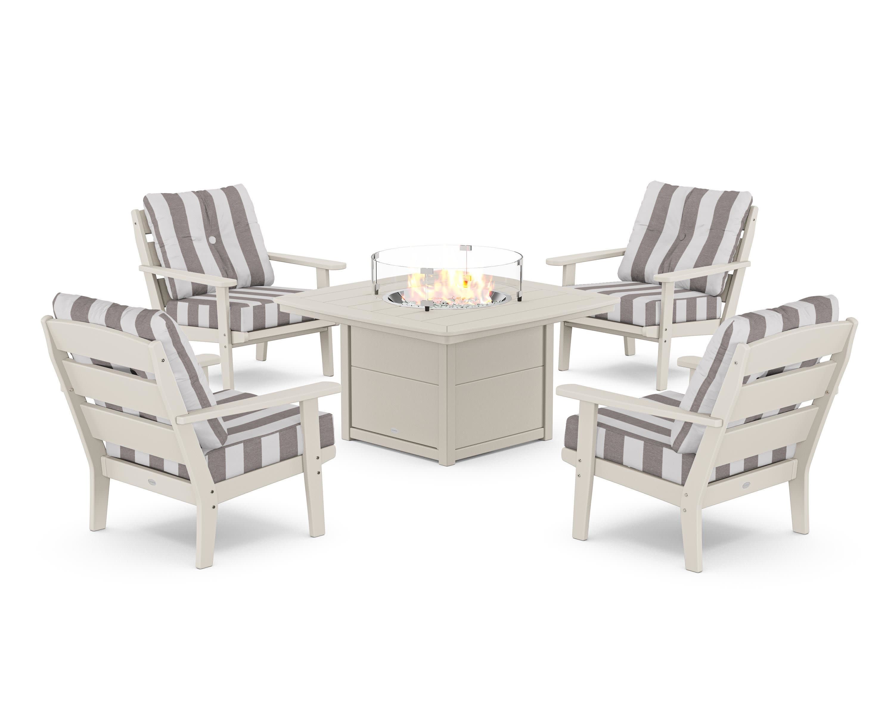 Lakeside 5-Piece Deep Seating Set with Nautical Fire Pit Table in Sand / Cabana Stripe Grey Mist