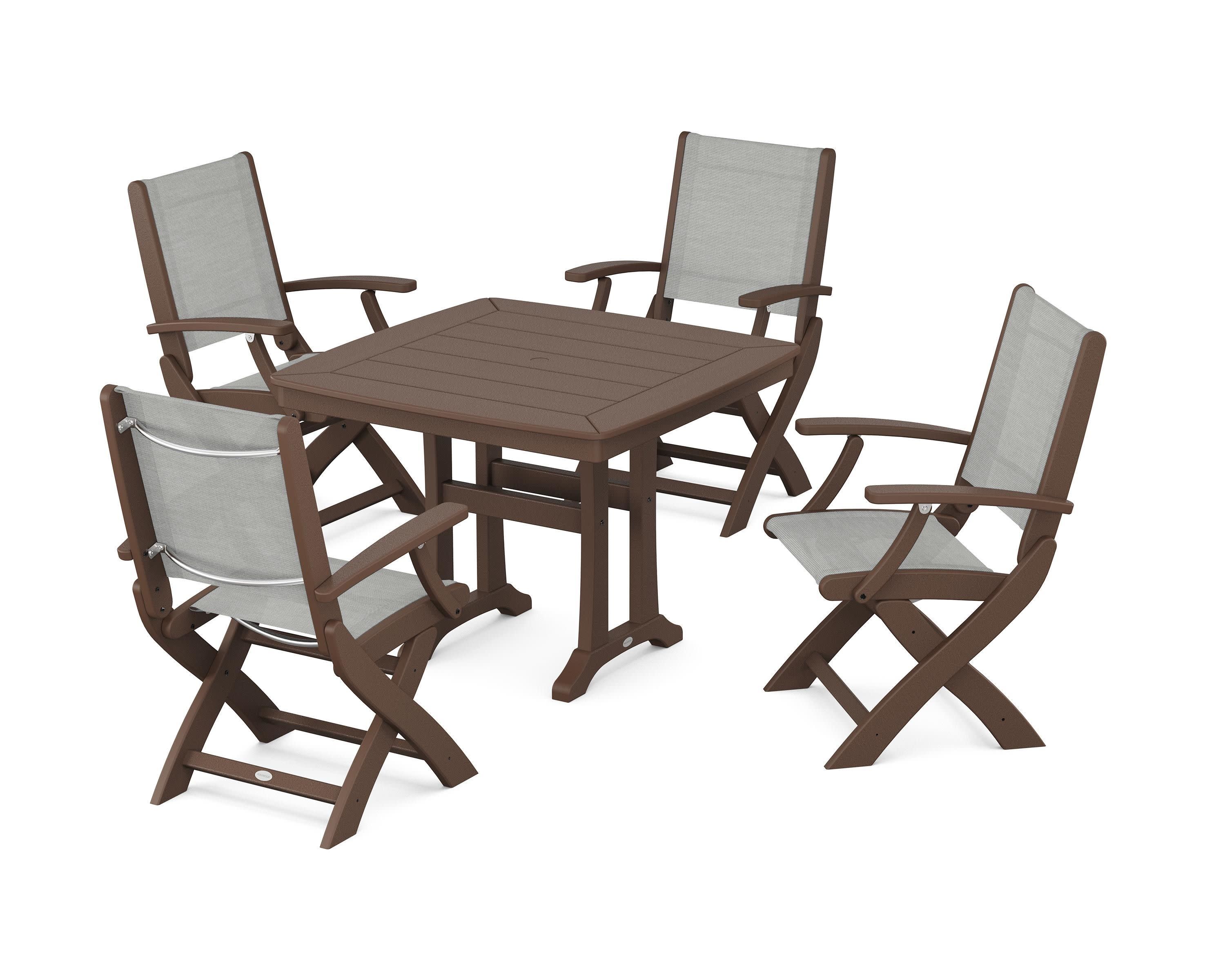 Coastal Folding Chair 5-Piece Dining Set with Trestle Legs in Mahogany / Metallic Sling