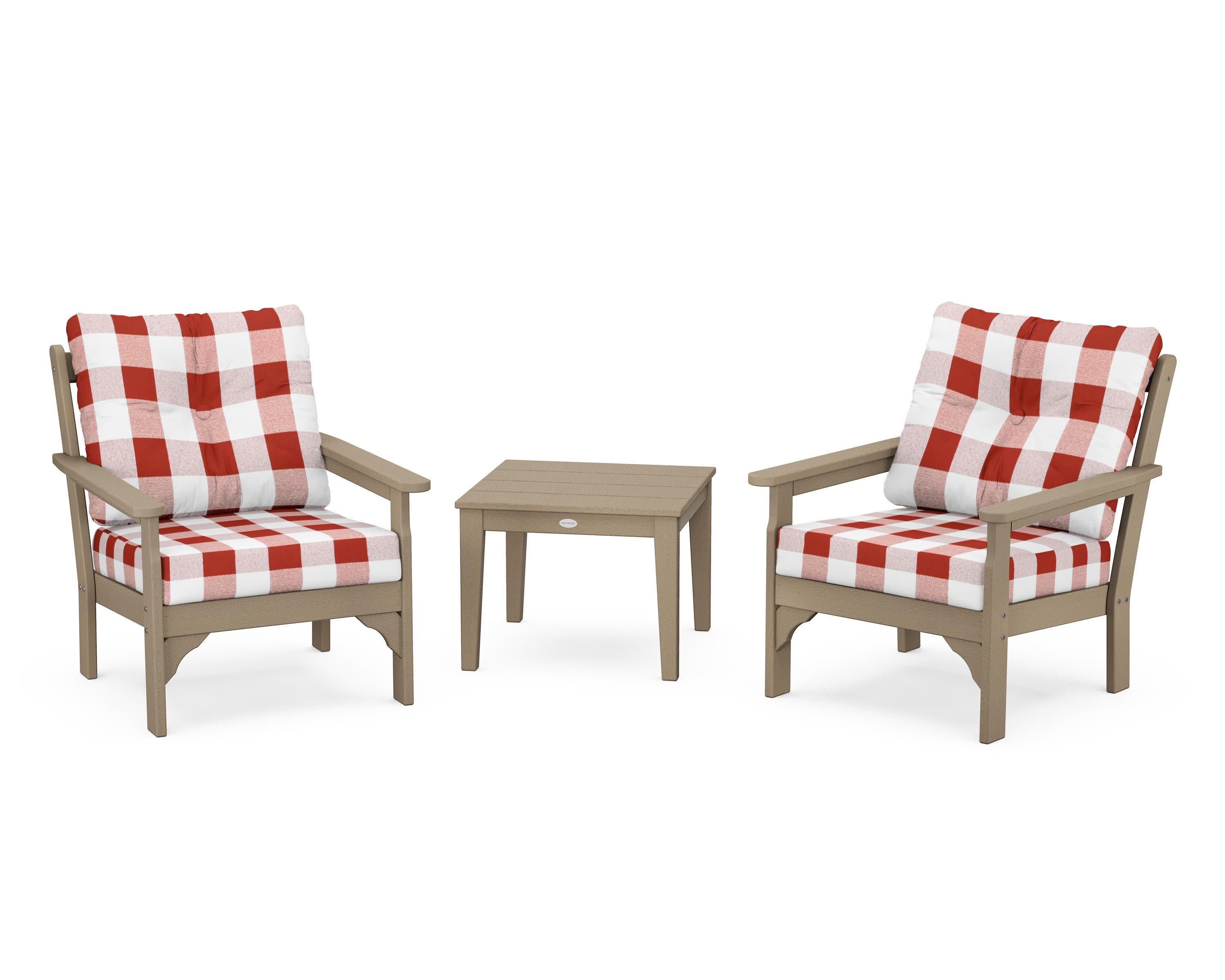 Vineyard 3-Piece Deep Seating Set in Vintage Sahara / Buffalo Plaid Crimson