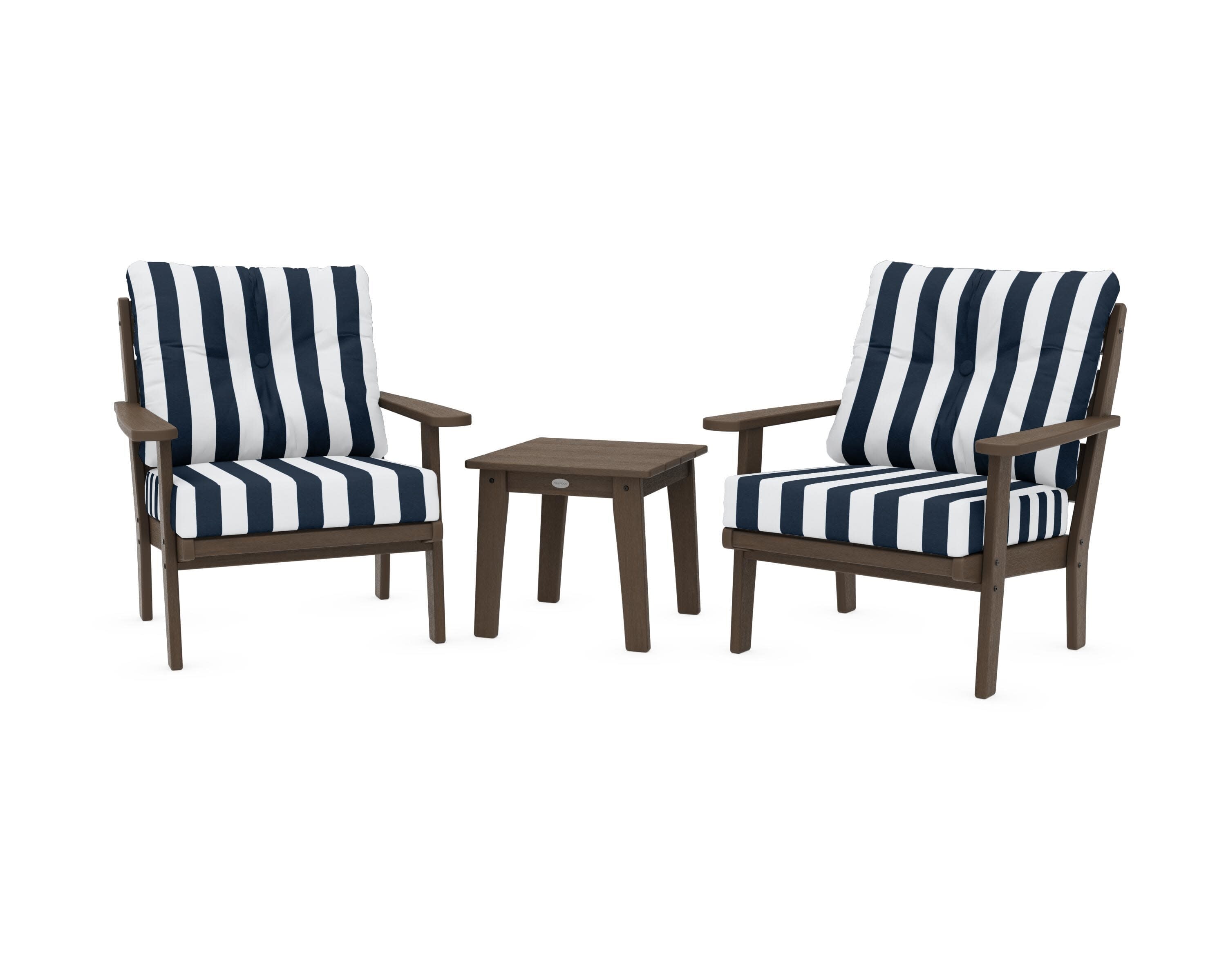 Lakeside 3-Piece Deep Seating Chair Set in Kona / Cabana Stripe Marine Indigo