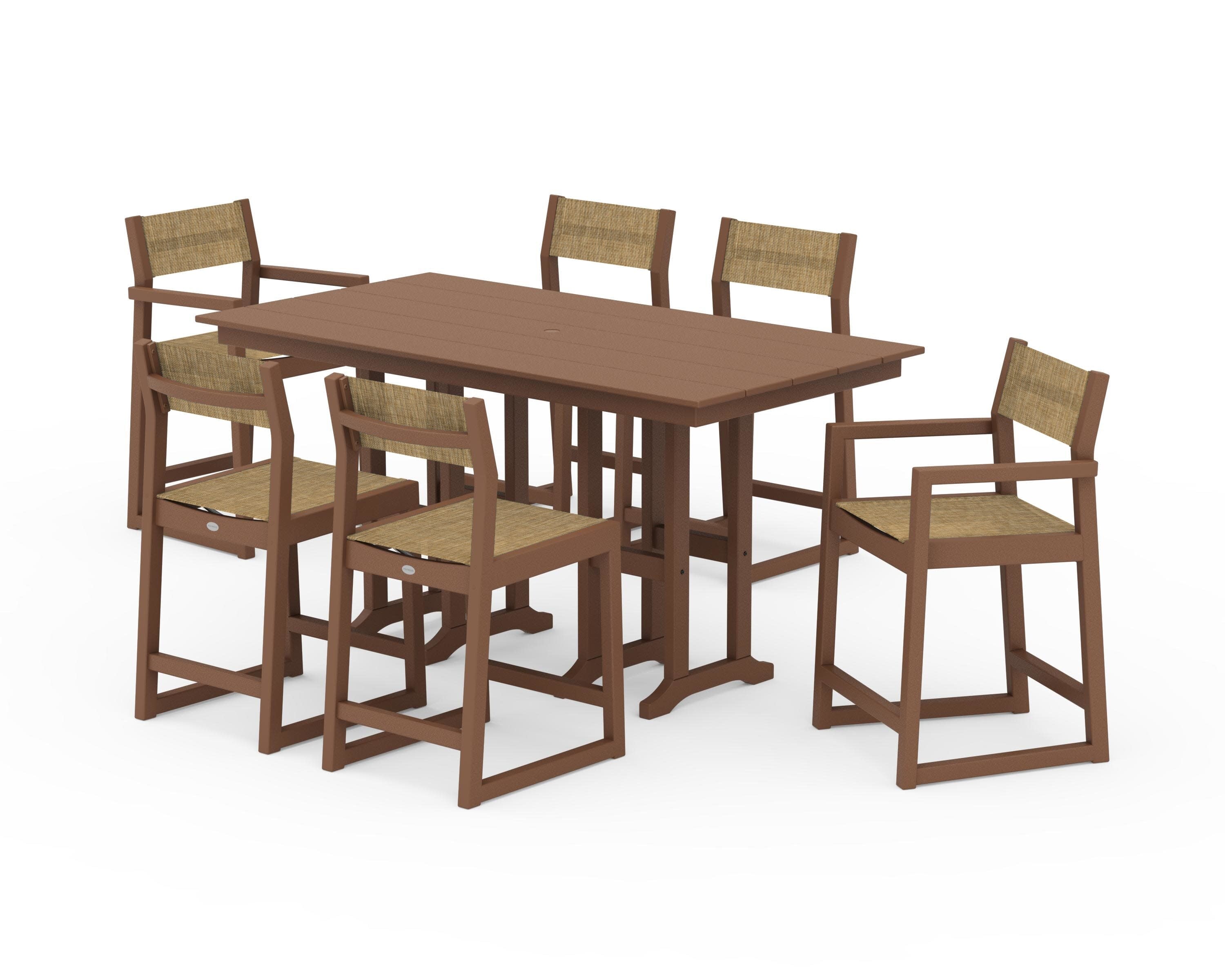 EDGE Sling 7-Piece Farmhouse Counter Set with Trestle Legs in Teak / Burlap Sling
