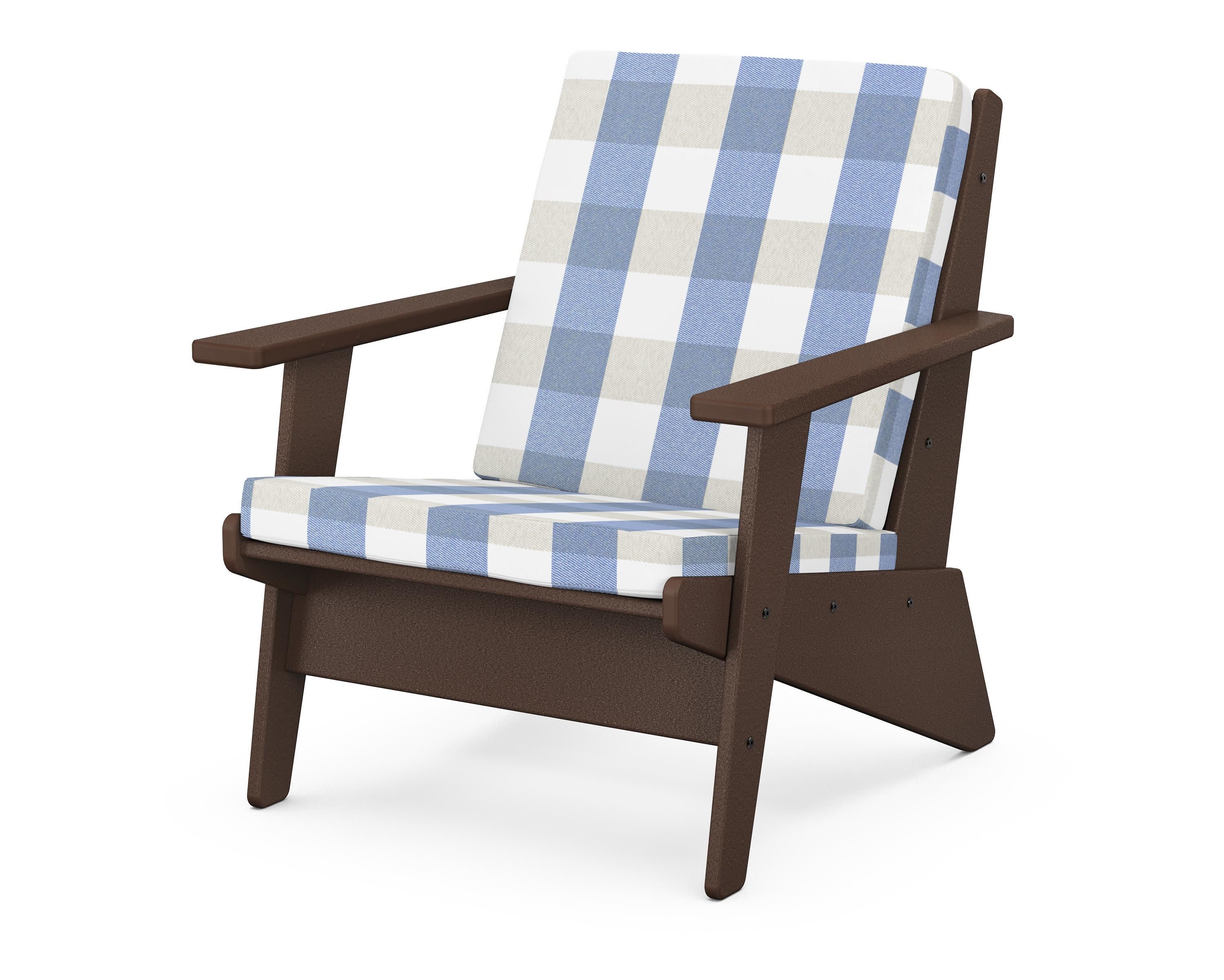 Riviera Modern Lounge Chair in Mahogany / Buffalo Plaid Sky Blue