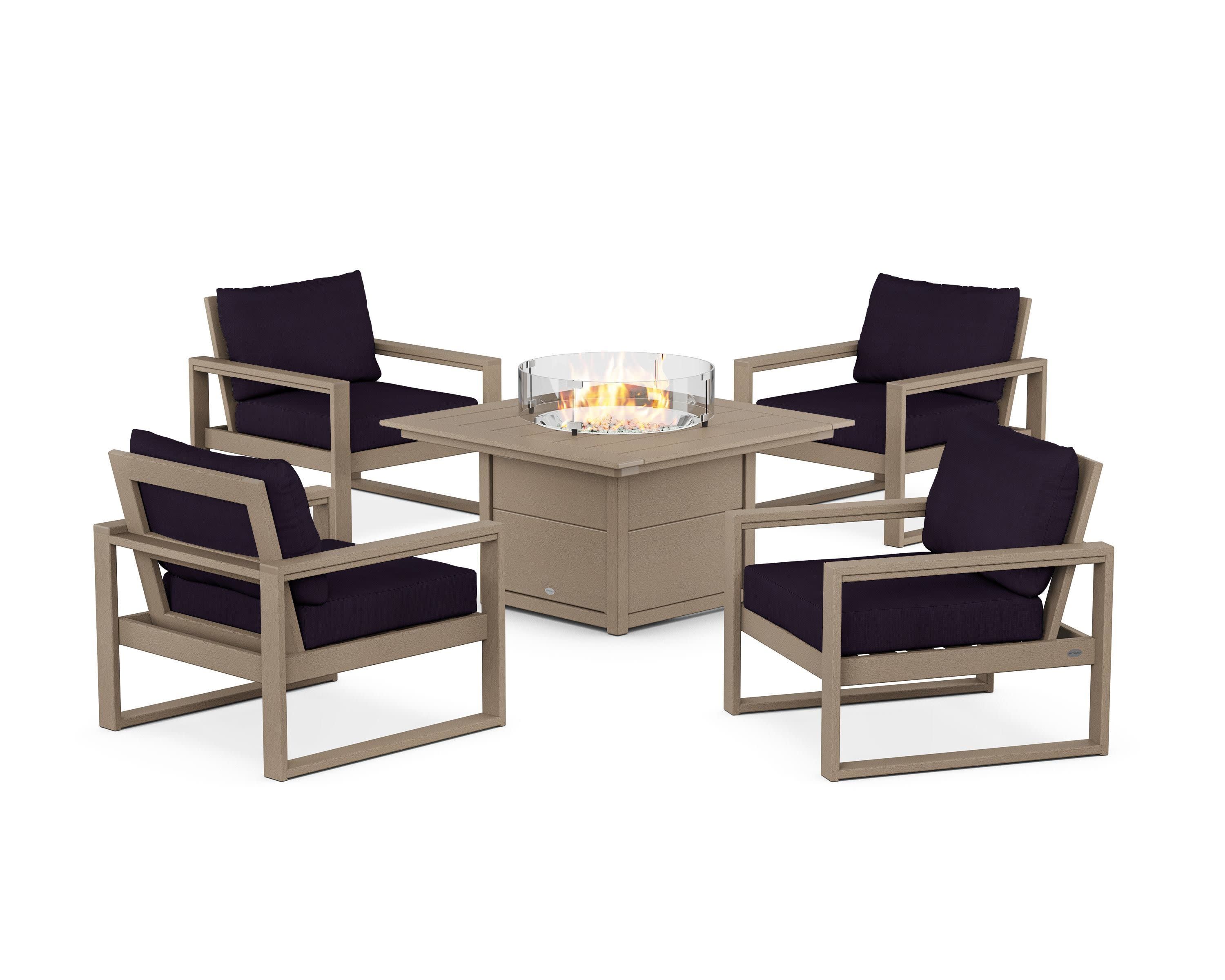 EDGE Sectional 5-Piece Deep Seating Set with Fire Pit Table in Vintage Sahara / Navy Linen