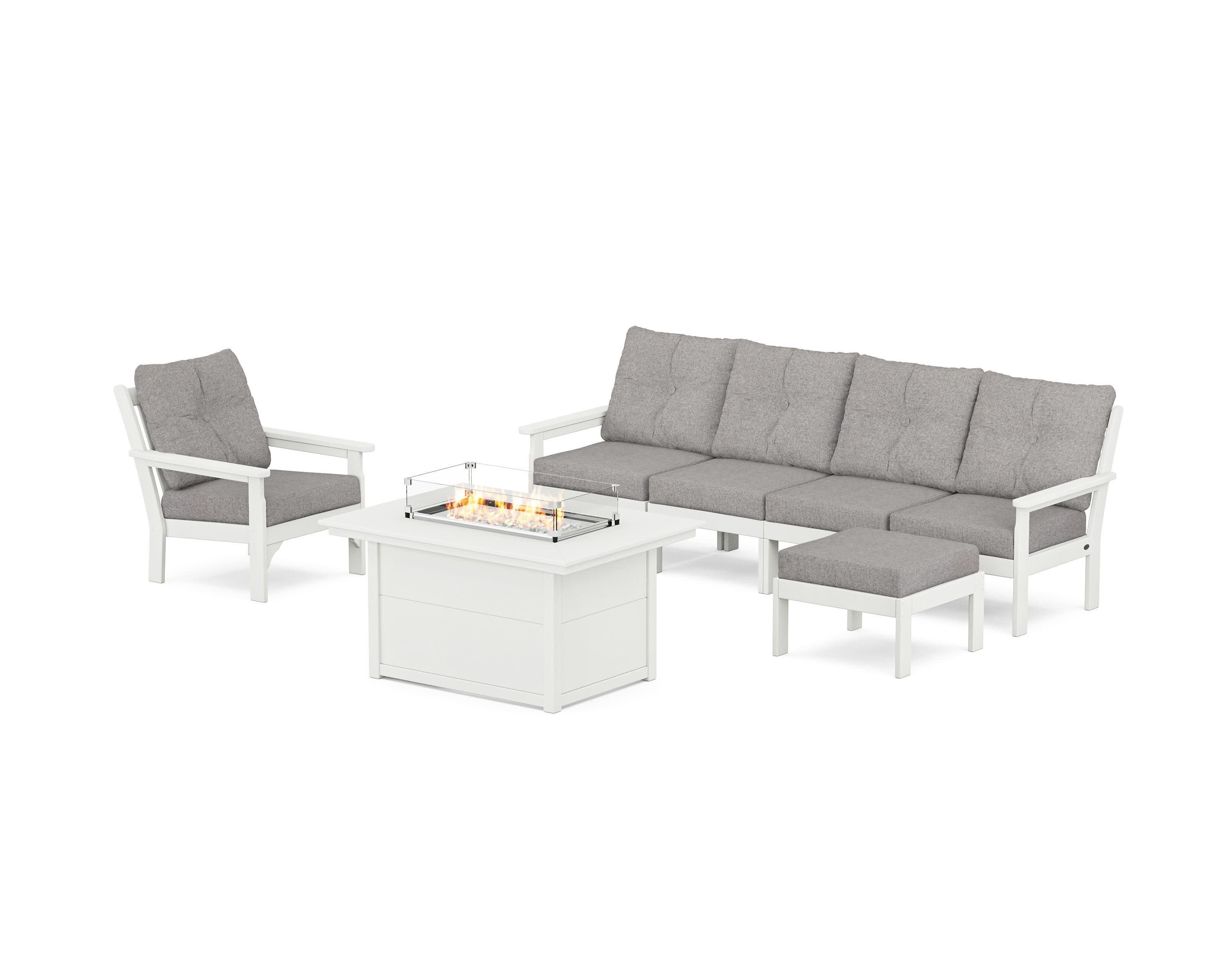 Vineyard Sectional Lounge and Fire Pit Set in Vintage White / Grey Mist