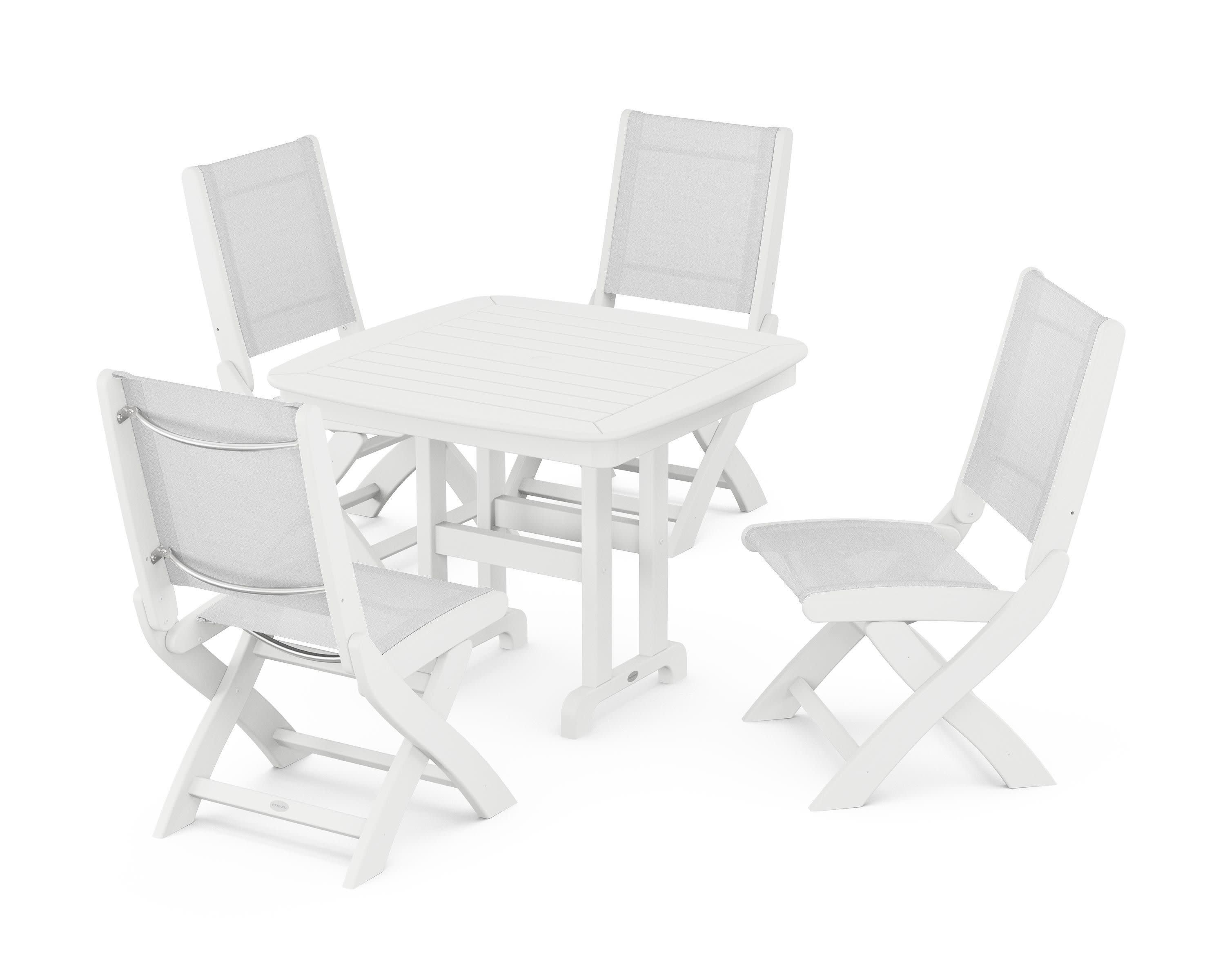 Coastal Folding Side Chair 5-Piece Dining Set in White / White Sling