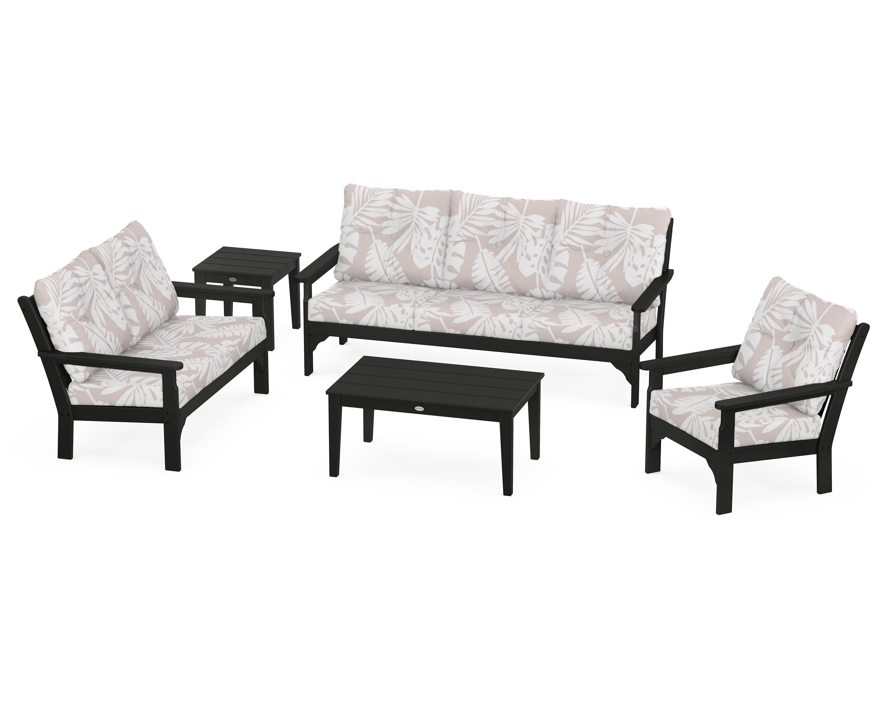 Vineyard 5 Piece Deep Seating Set in Black / Leaf Dune Burlap