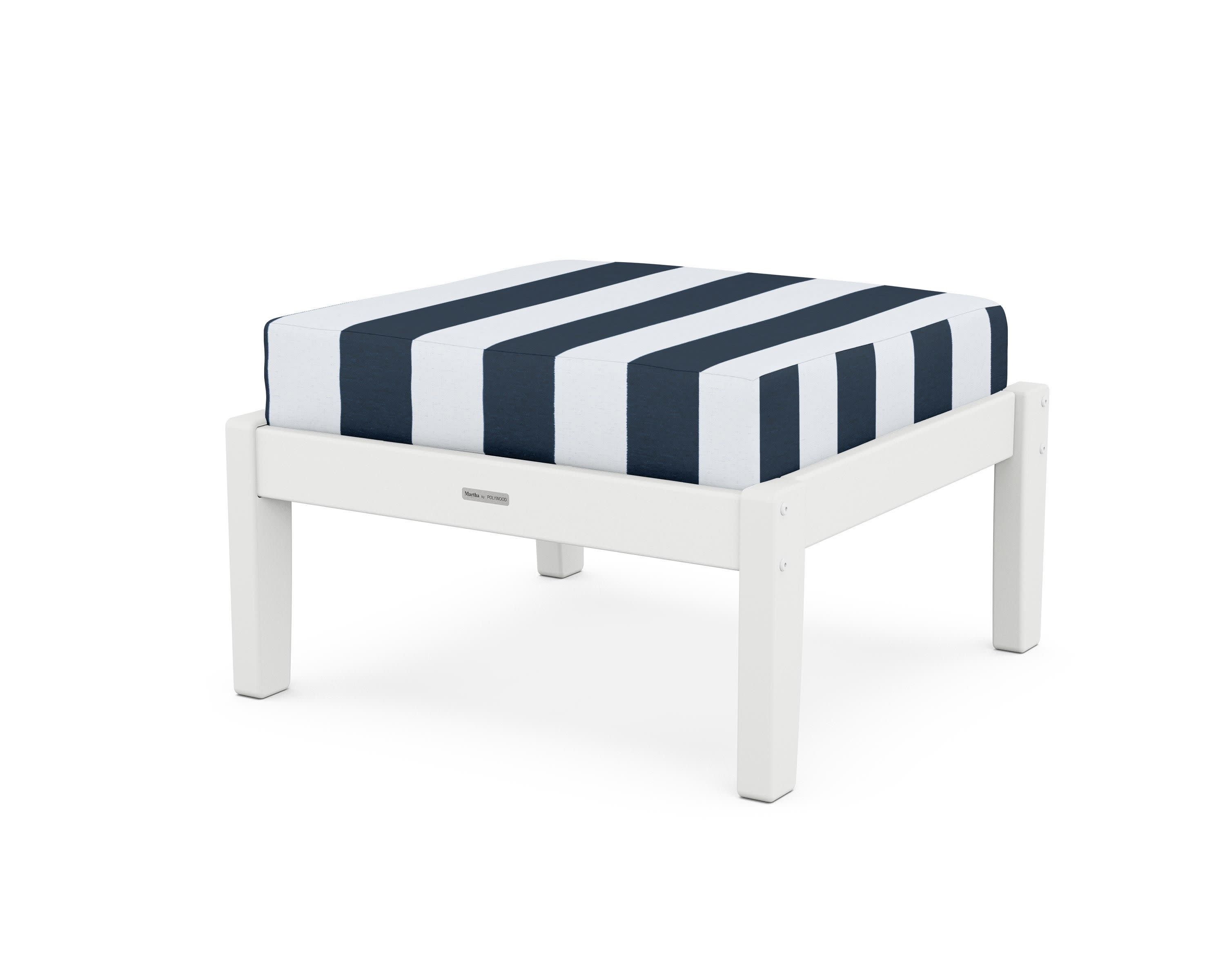Chinoiserie Deep Seating Ottoman in White / Cabana Stripe Marine Indigo