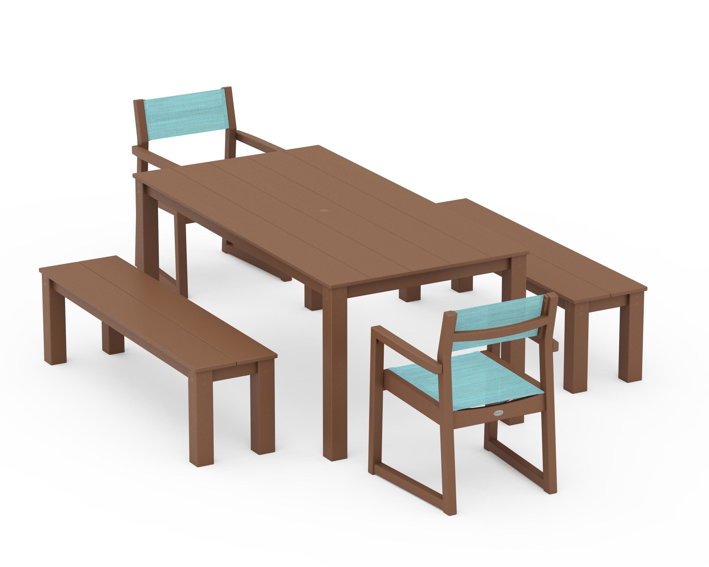 EDGE Sling Arm Chair 5-Piece Parsons Dining Set with Benches in Teak / Dupioni Aquamarine Sling