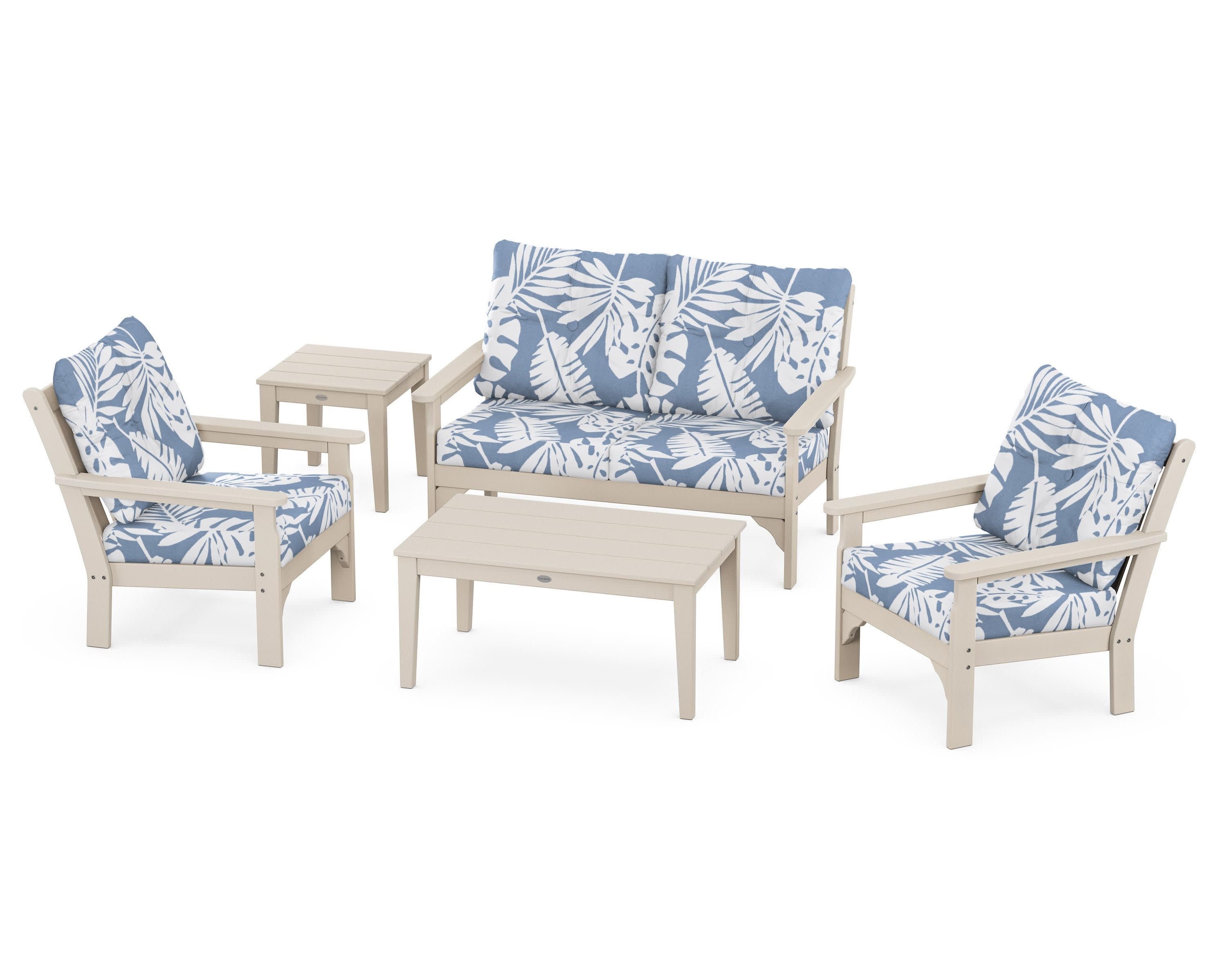 Vineyard 5-Piece Deep Seating Set in Sand / Leaf Sky Blue