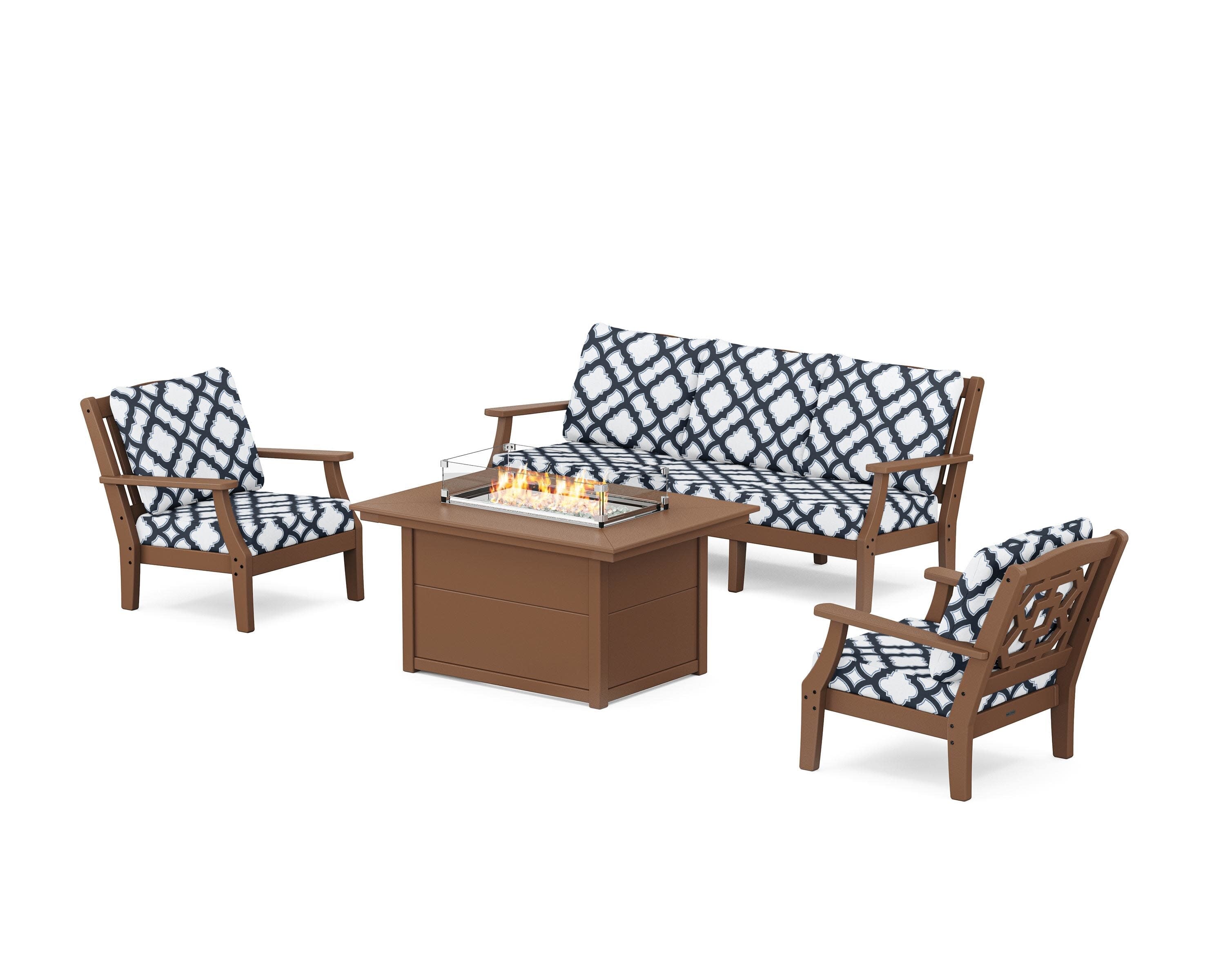 Chinoiserie Deep Seating Fire Pit Table Set in Teak / Trellis Marine Indigo
