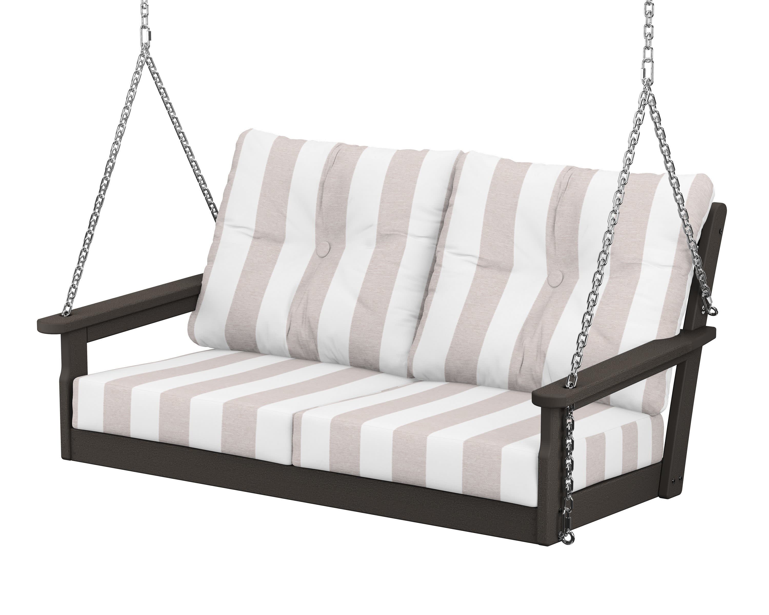Vineyard Deep Seating Swing in Vintage Coffee / Cabana Stripe Dune Burlap