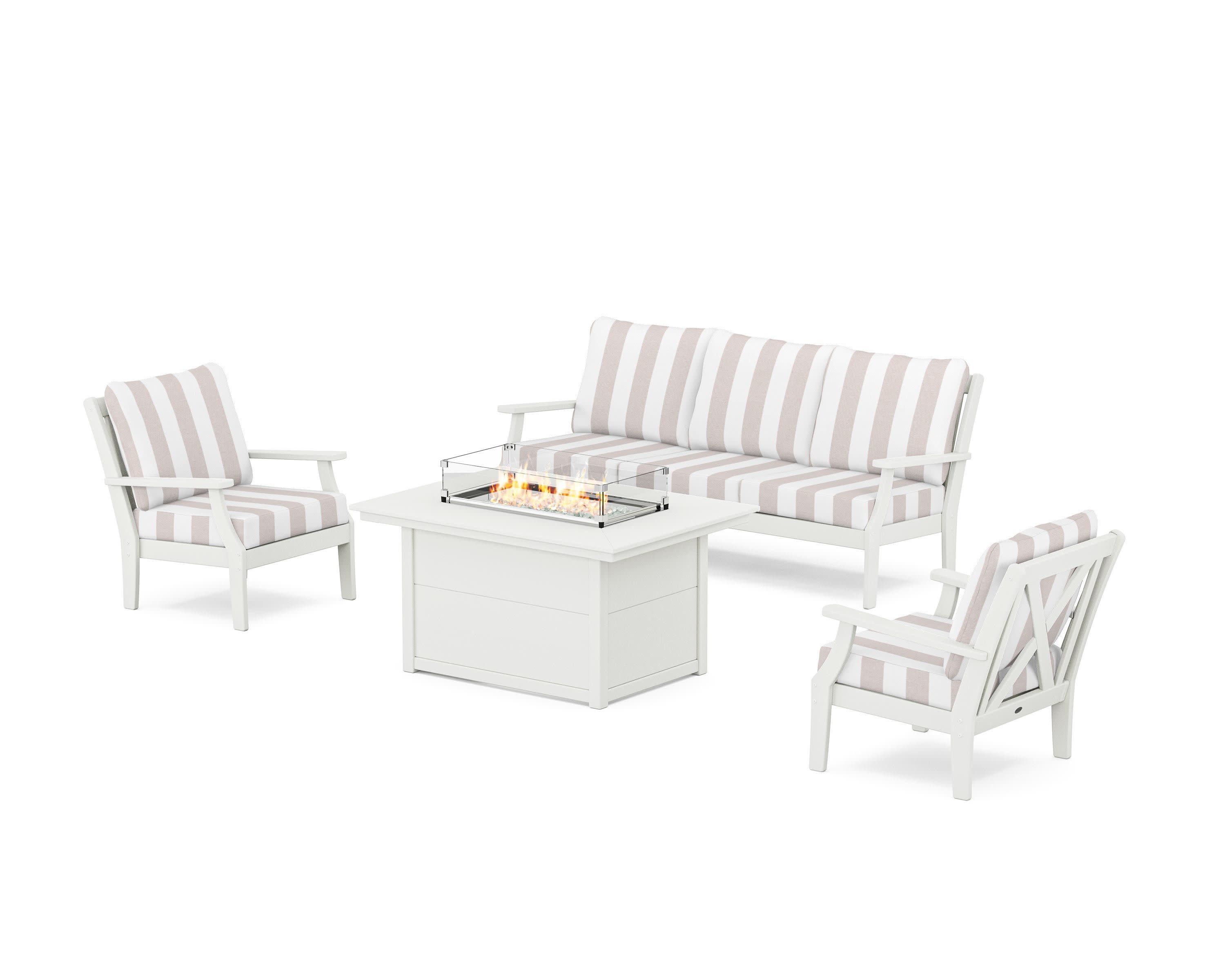 Braxton Deep Seating Fire Pit Table Set in Vintage White / Cabana Stripe Dune Burlap