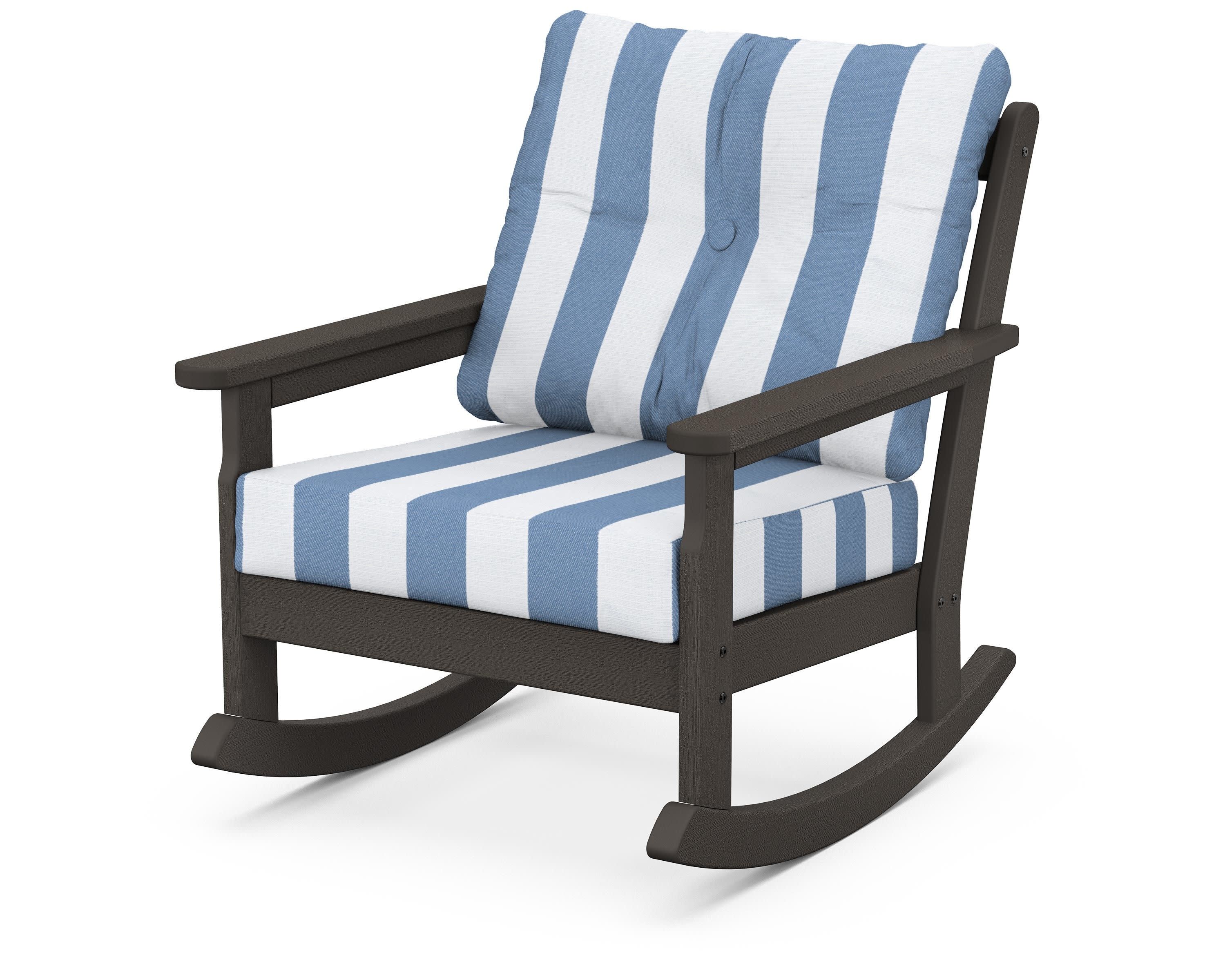 Vineyard Deep Seating Rocking Chair in Vintage Coffee / Cabana Stripe Sky Blue