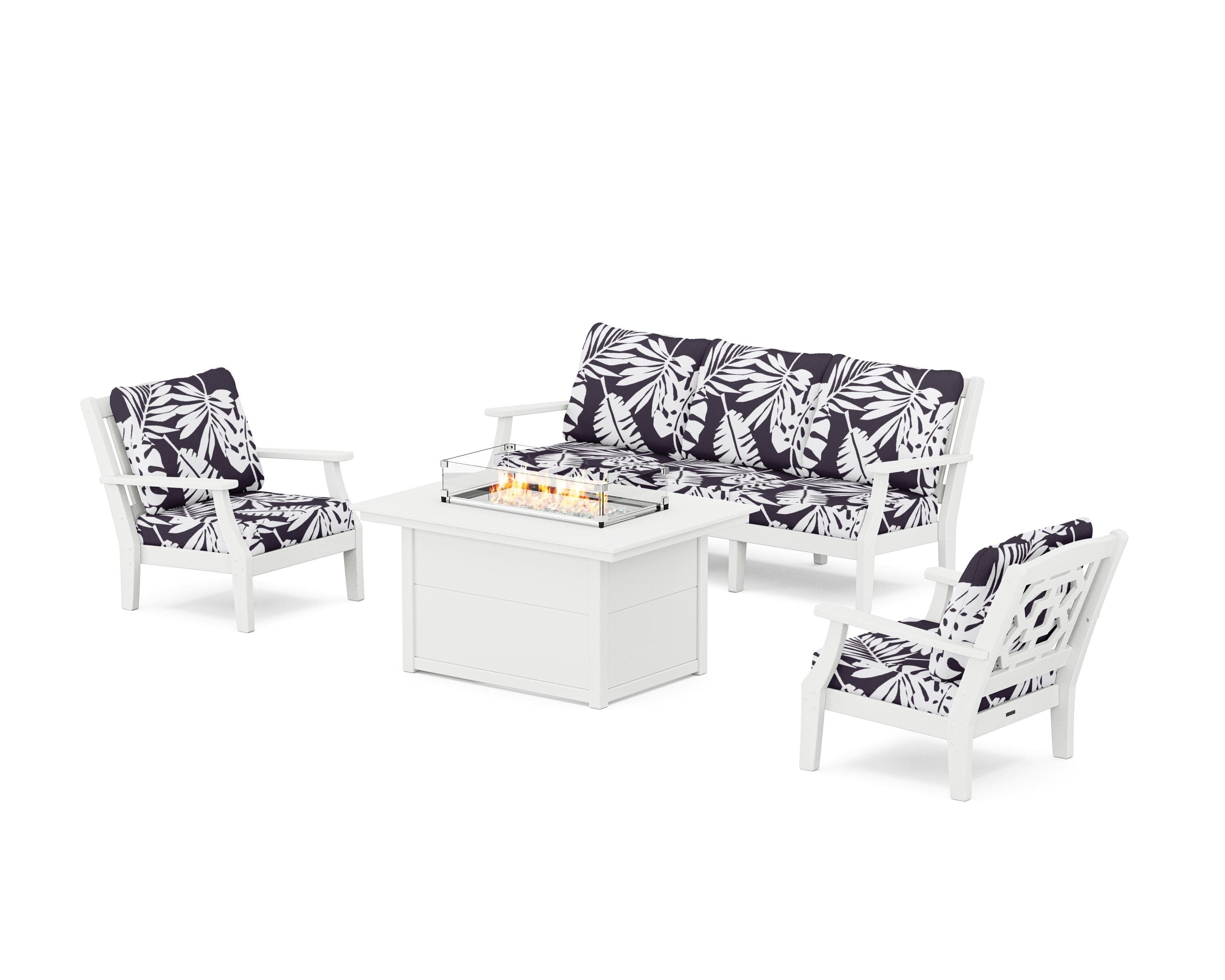 Chinoiserie Deep Seating Fire Pit Table Set in White / Leaf Navy