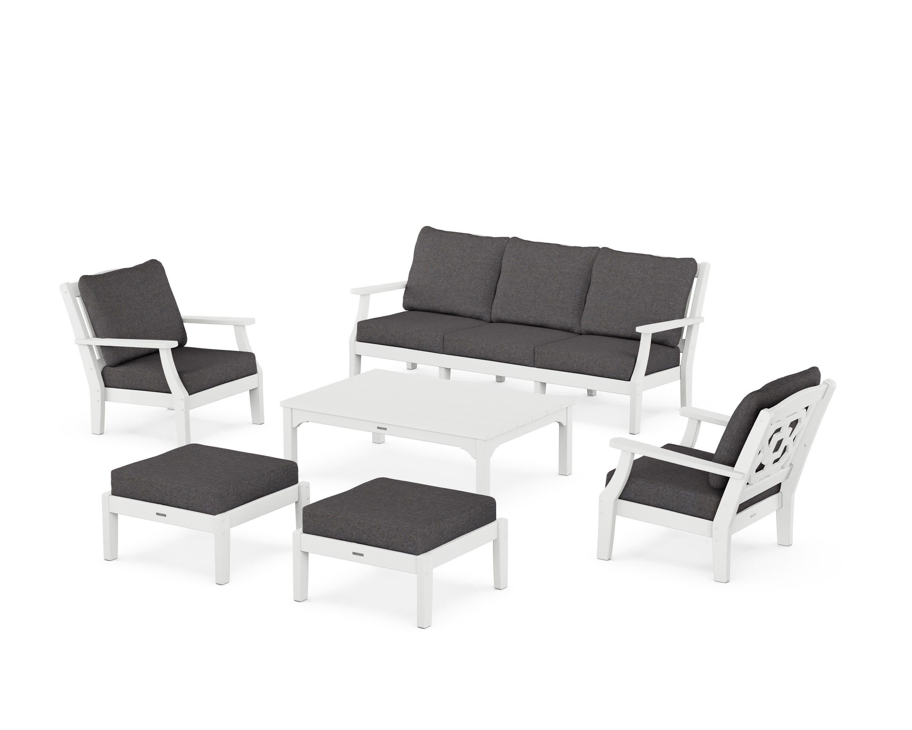 Chinoiserie 6-Piece Lounge Sofa Set in White / Ash Charcoal