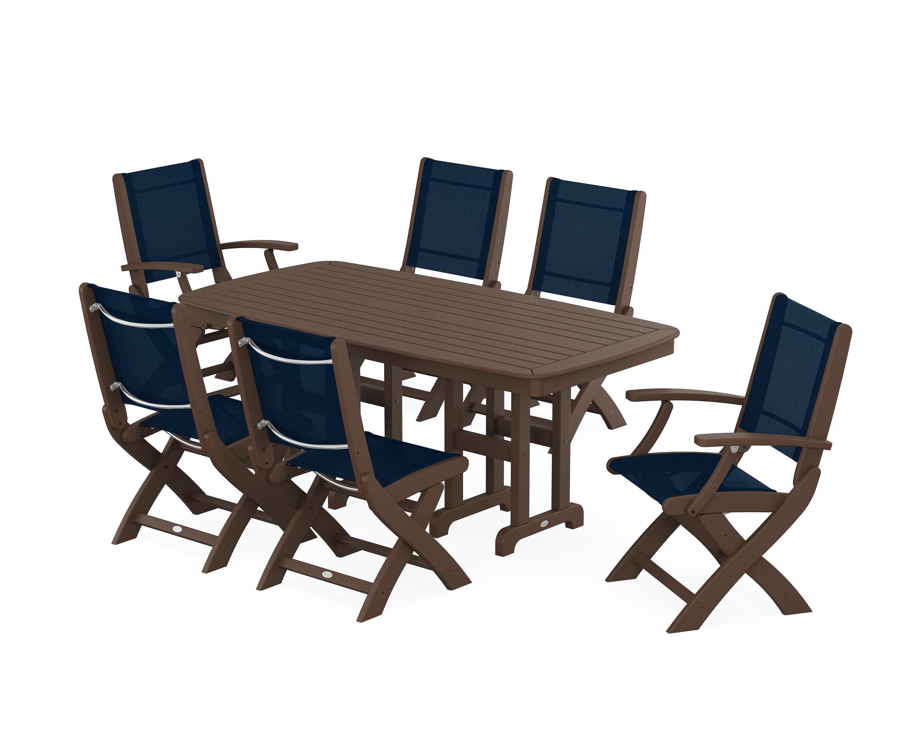 Coastal Folding Chair 7-Piece Dining Set in Mahogany / Navy Blue Sling