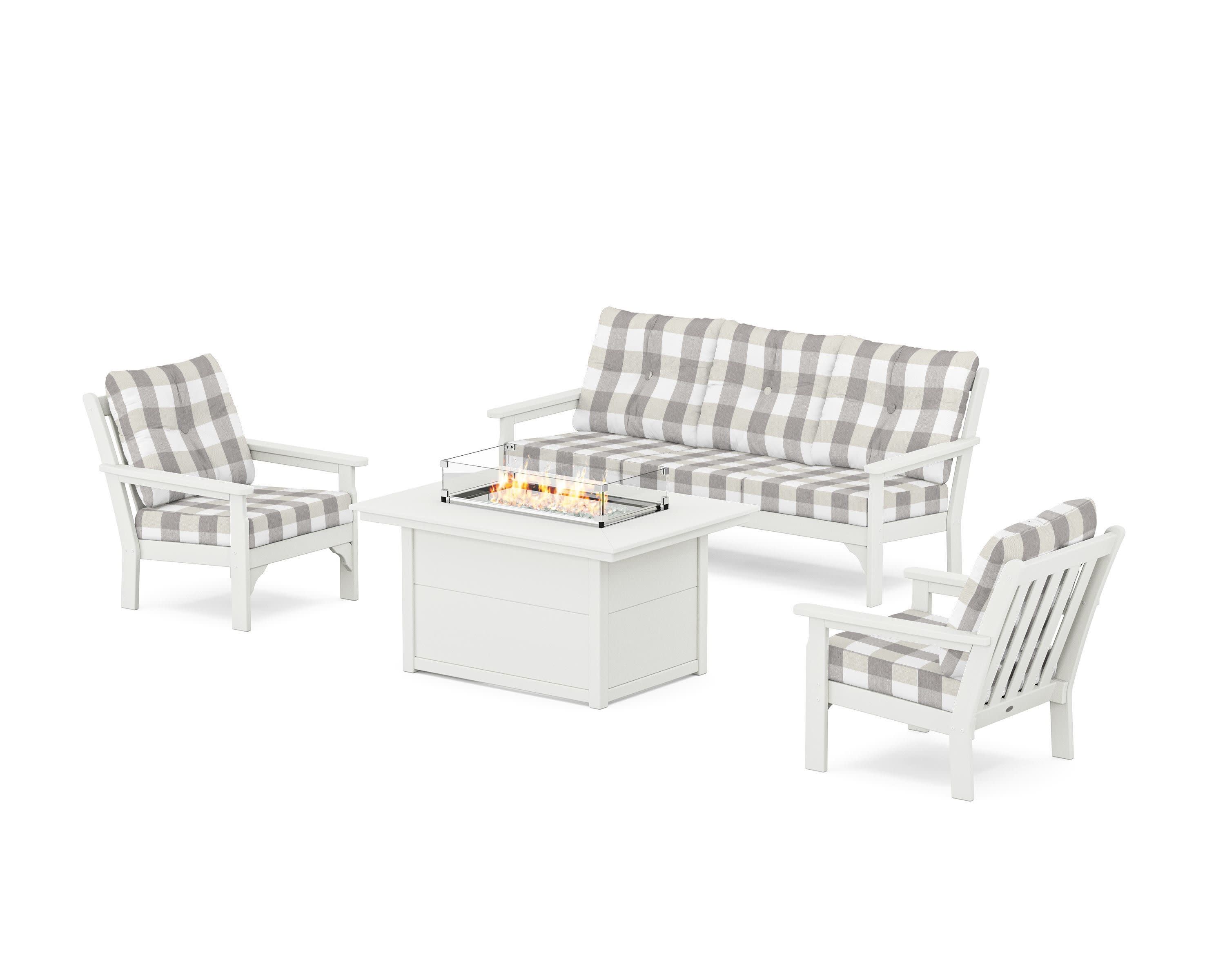 Vineyard Deep Seating Fire Pit Table Set in Vintage White / Buffalo Plaid Grey Mist