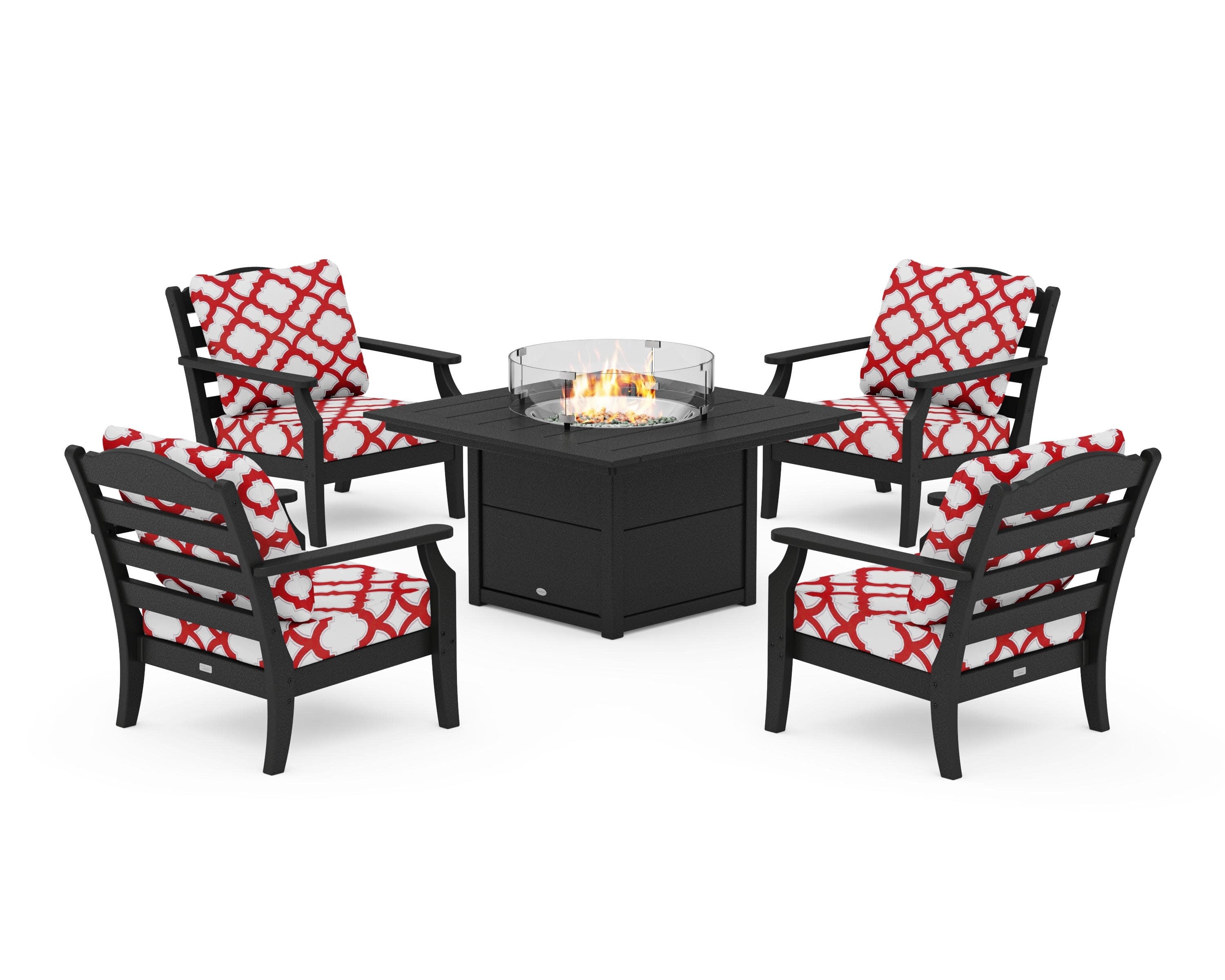 Savannah 5-Piece Deep Seating Set with Fire Pit Table in Black / Trellis Crimson