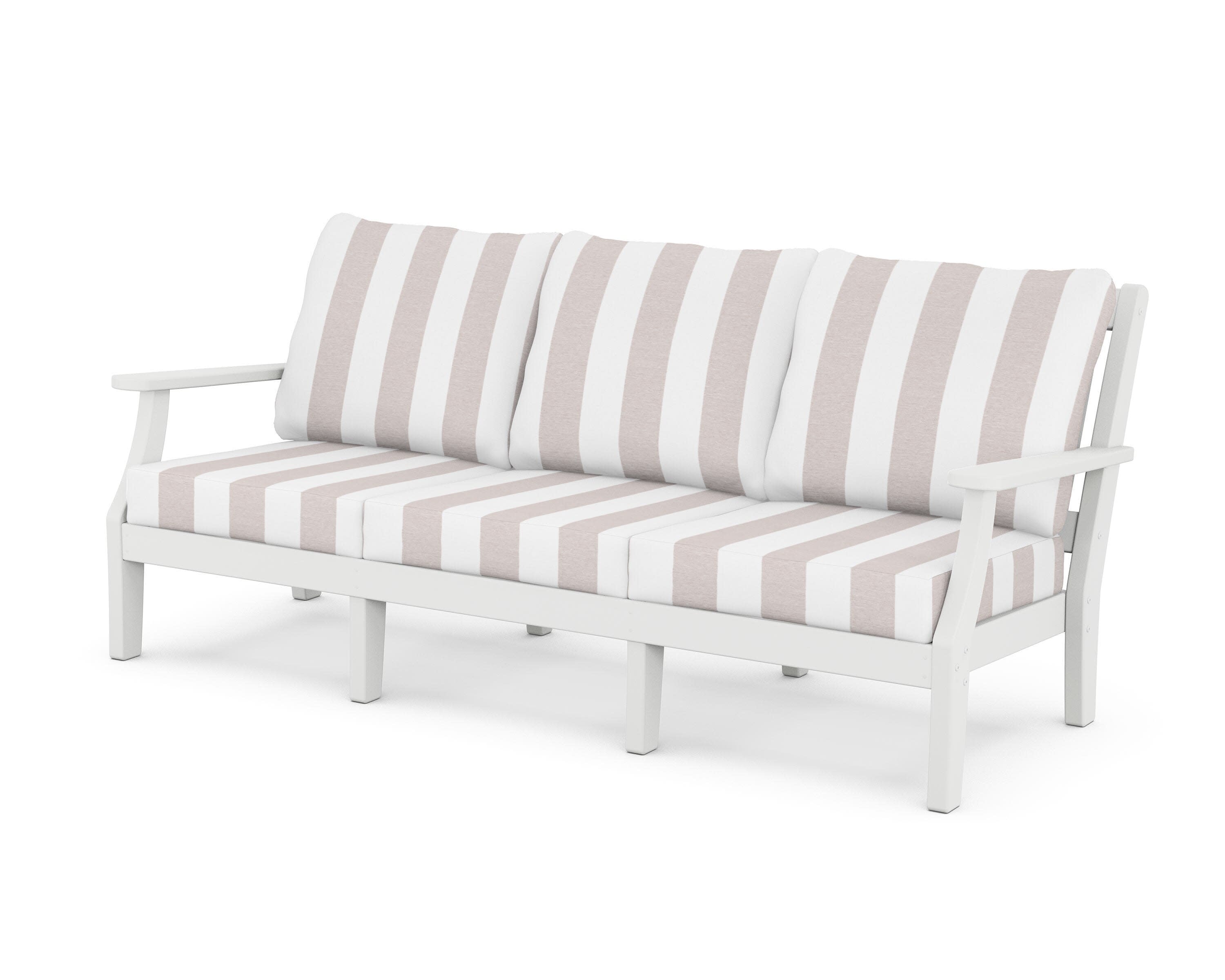 Chinoiserie Deep Seating Sofa in White / Cabana Stripe Dune Burlap