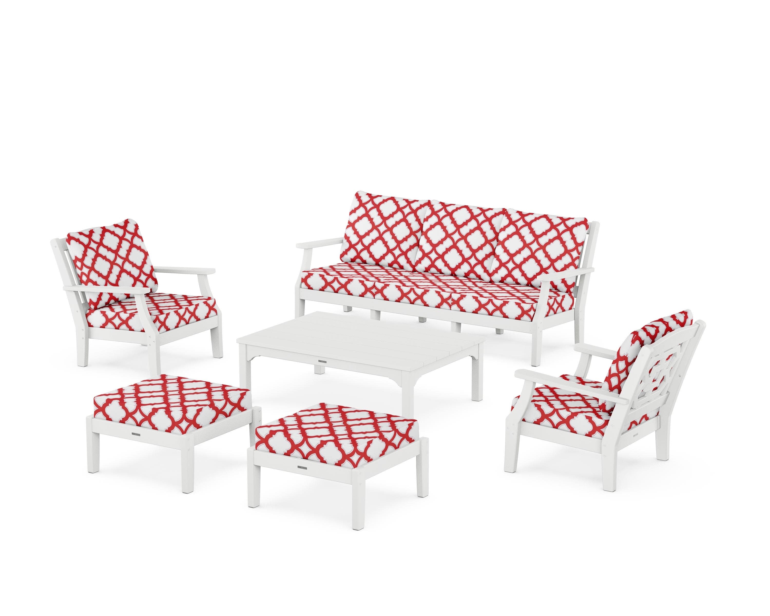 Chinoiserie 6-Piece Lounge Sofa Set in White / Trellis Crimson