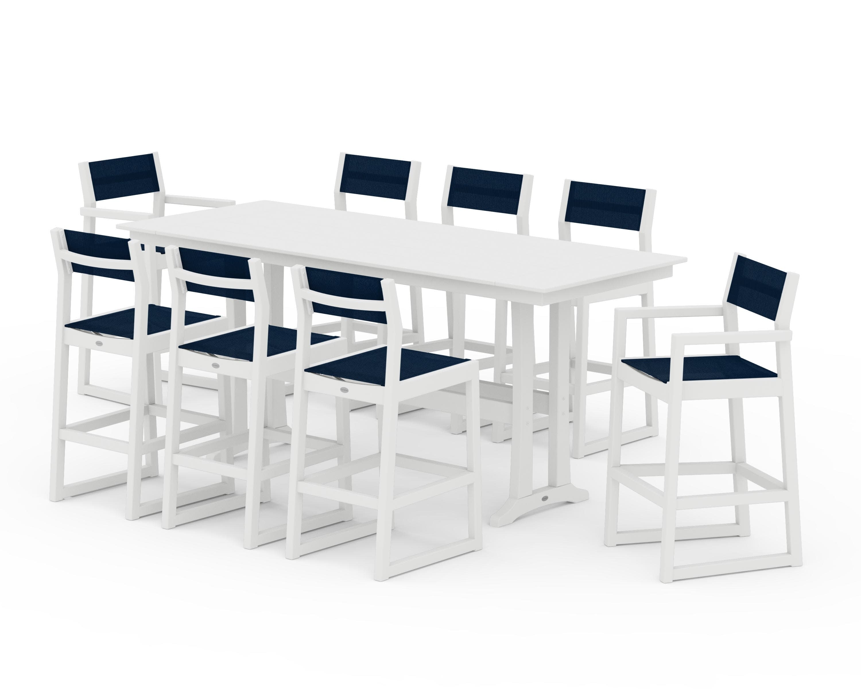 EDGE Sling 9-Piece Farmhouse Bar Set with Trestle Legs in White / Navy Blue Sling