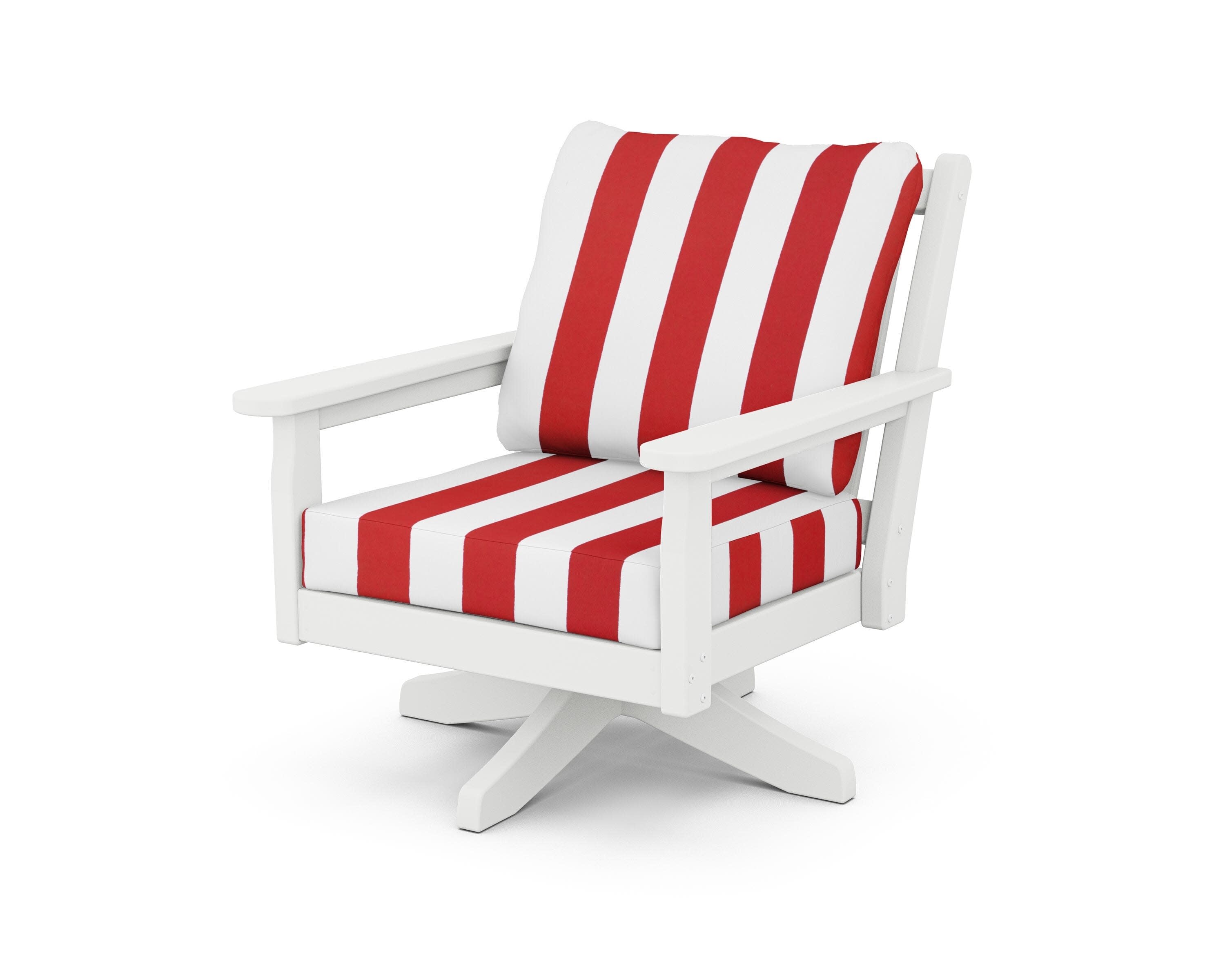 Chippendale Deep Seating Swivel Chair in White / Cabana Stripe Crimson