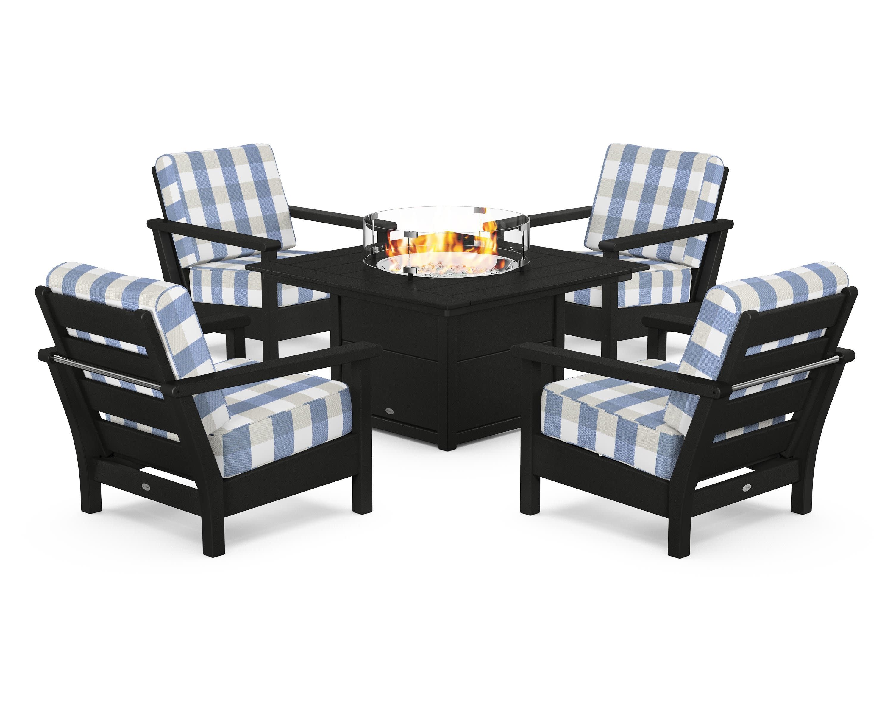 Harbour 5-Piece Conversation Set with Fire Pit Table in Black / Buffalo Plaid Sky Blue