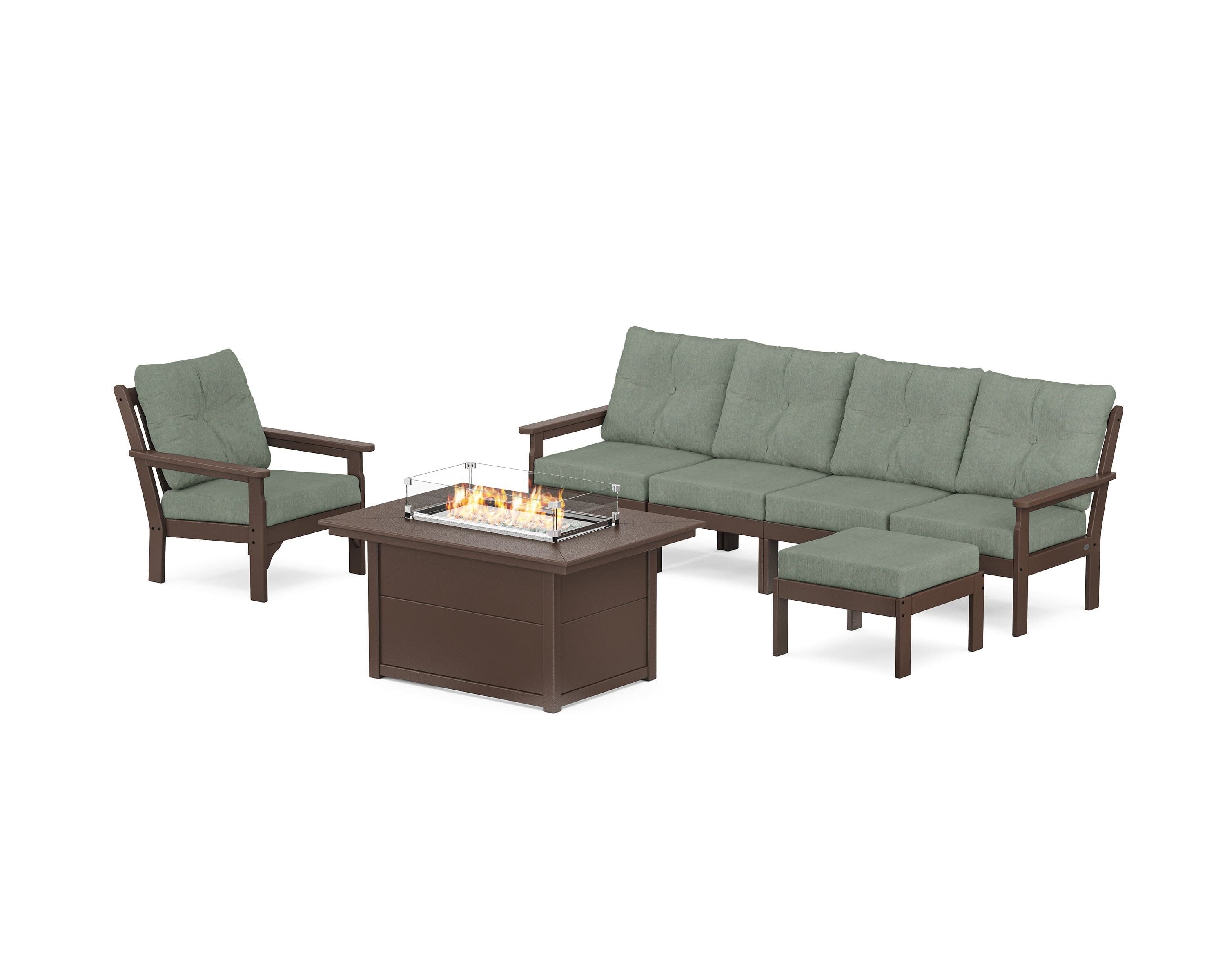 Vineyard Sectional Lounge and Fire Pit Set in Mahogany / Cast Sage