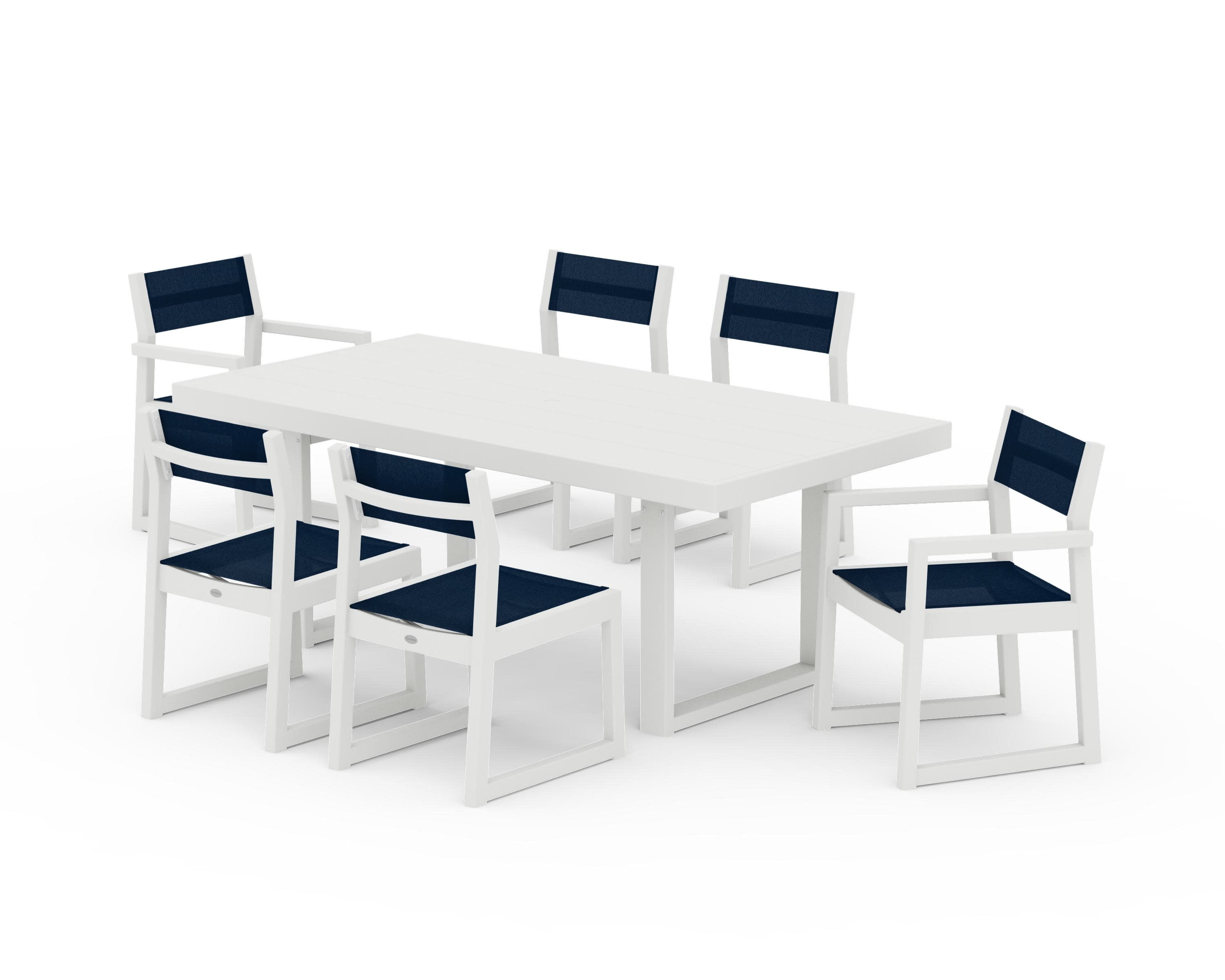 EDGE Sling 7-Piece Dining Set in Vintage White / Navy Blue Sling