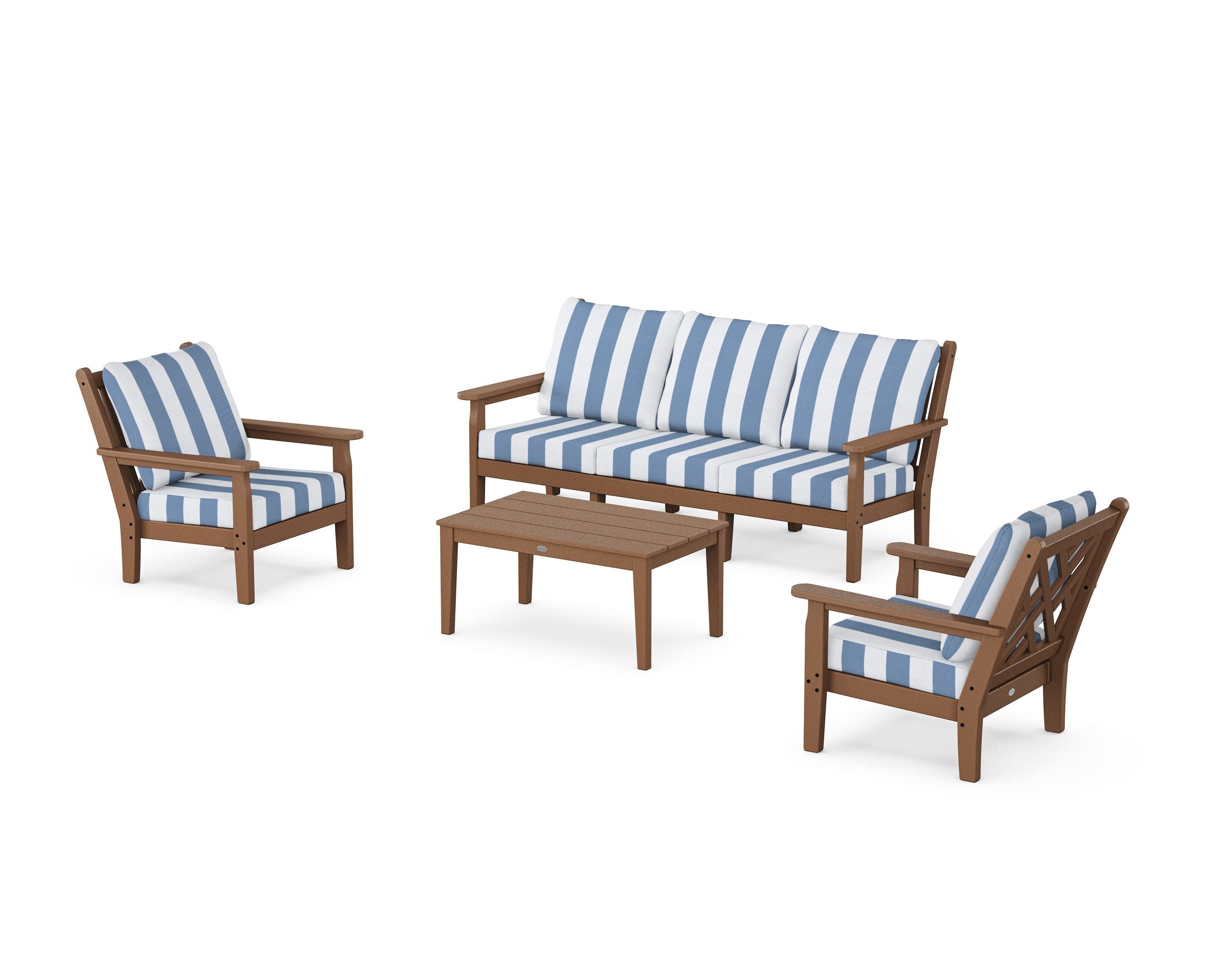 Chippendale 4-Piece Deep Seating Set with Sofa in Teak / Cabana Stripe Sky Blue