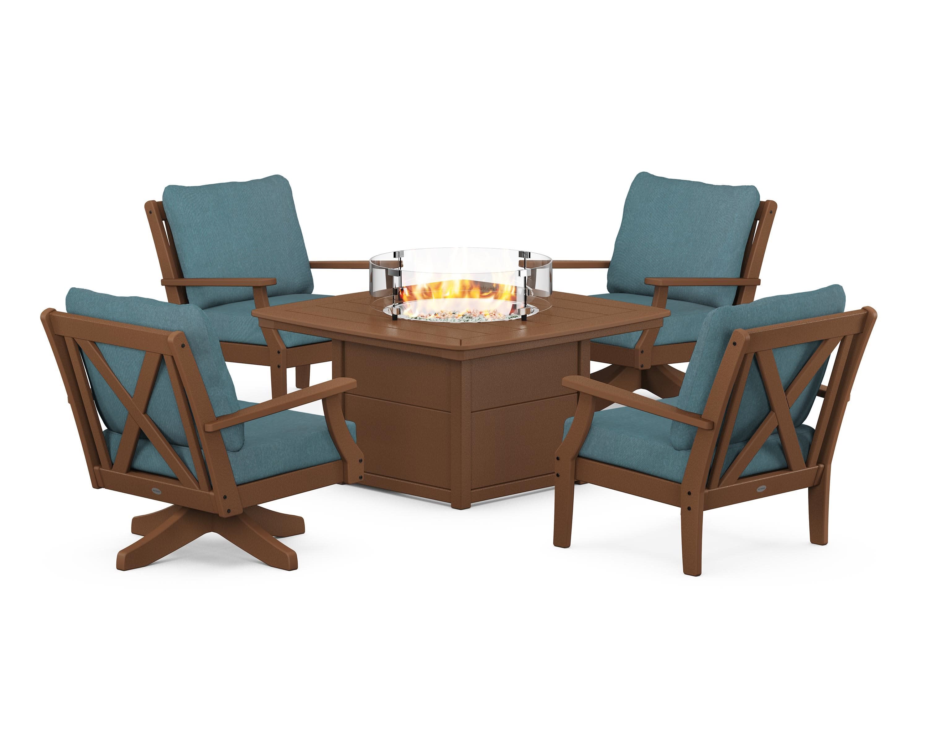 Braxton 5-Piece Deep Seating Set with Fire Table in Teak / Ocean Teal