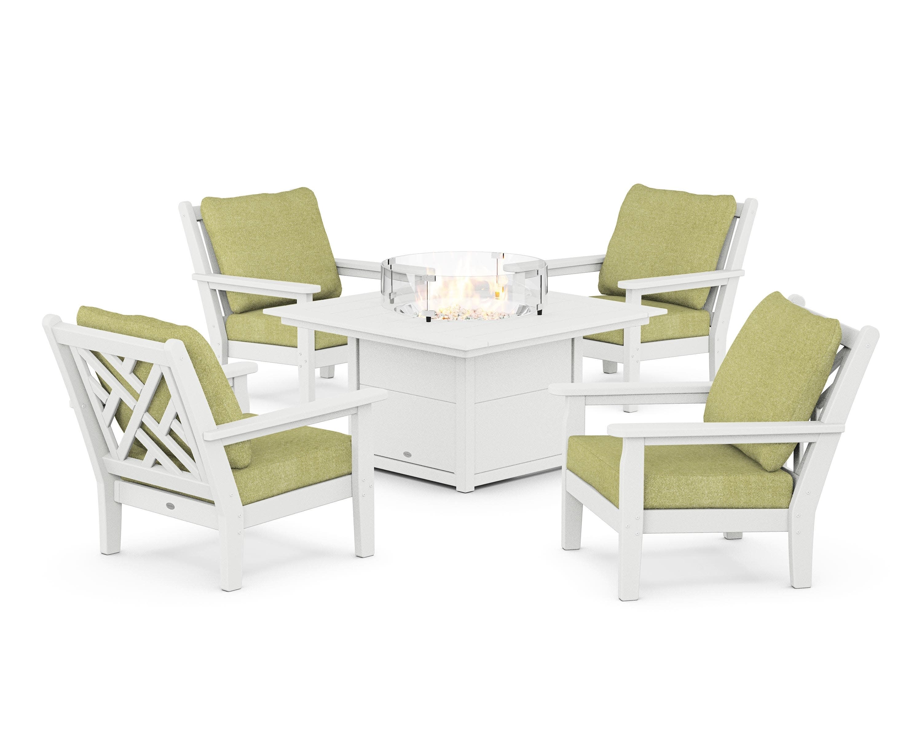 Chippendale 5-Piece Deep Seating Set with Fire Pit Table in White / Chartreuse Boucle