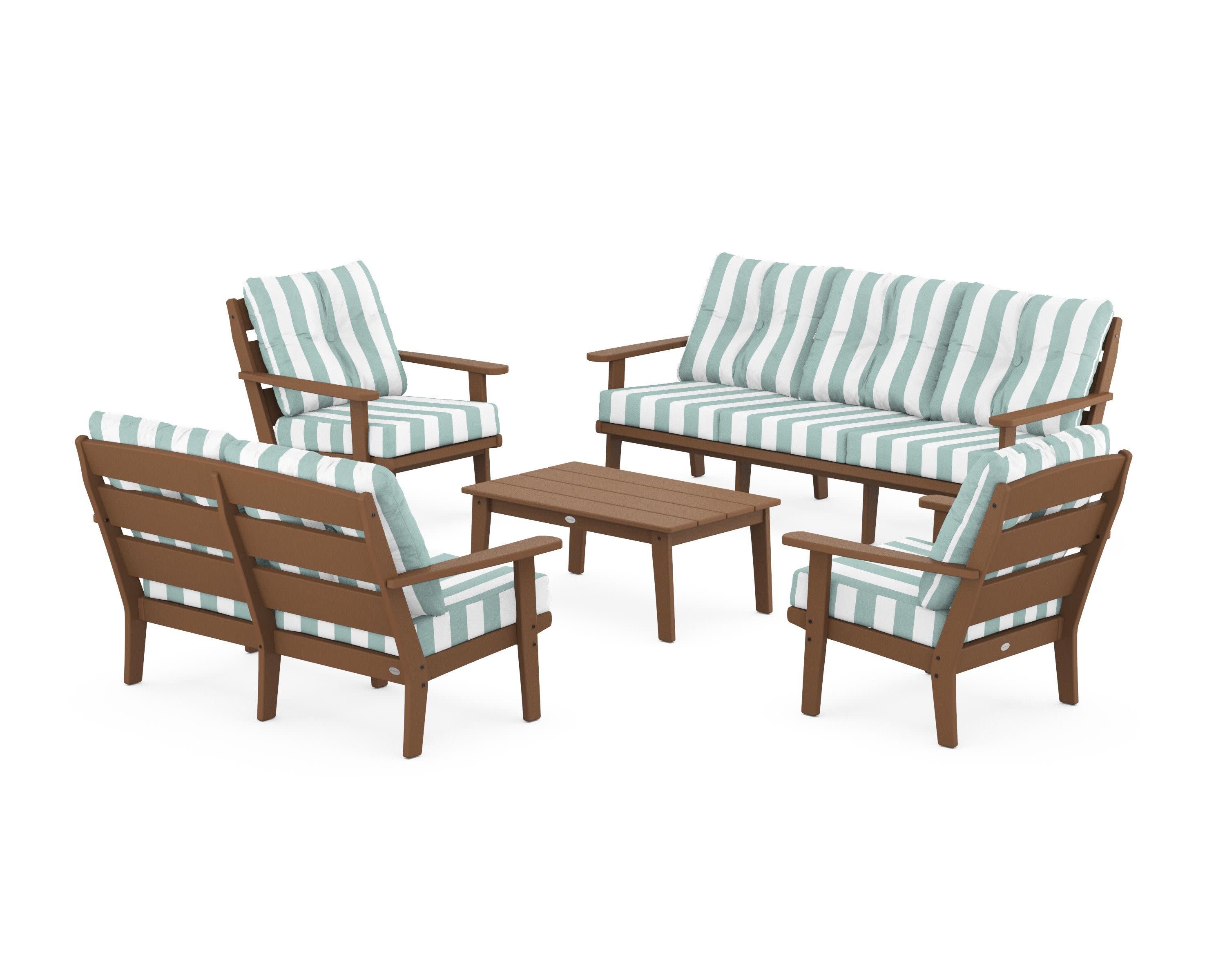 Lakeside 5-Piece Lounge Sofa Set in Teak / Cabana Stripe Glacier Spa