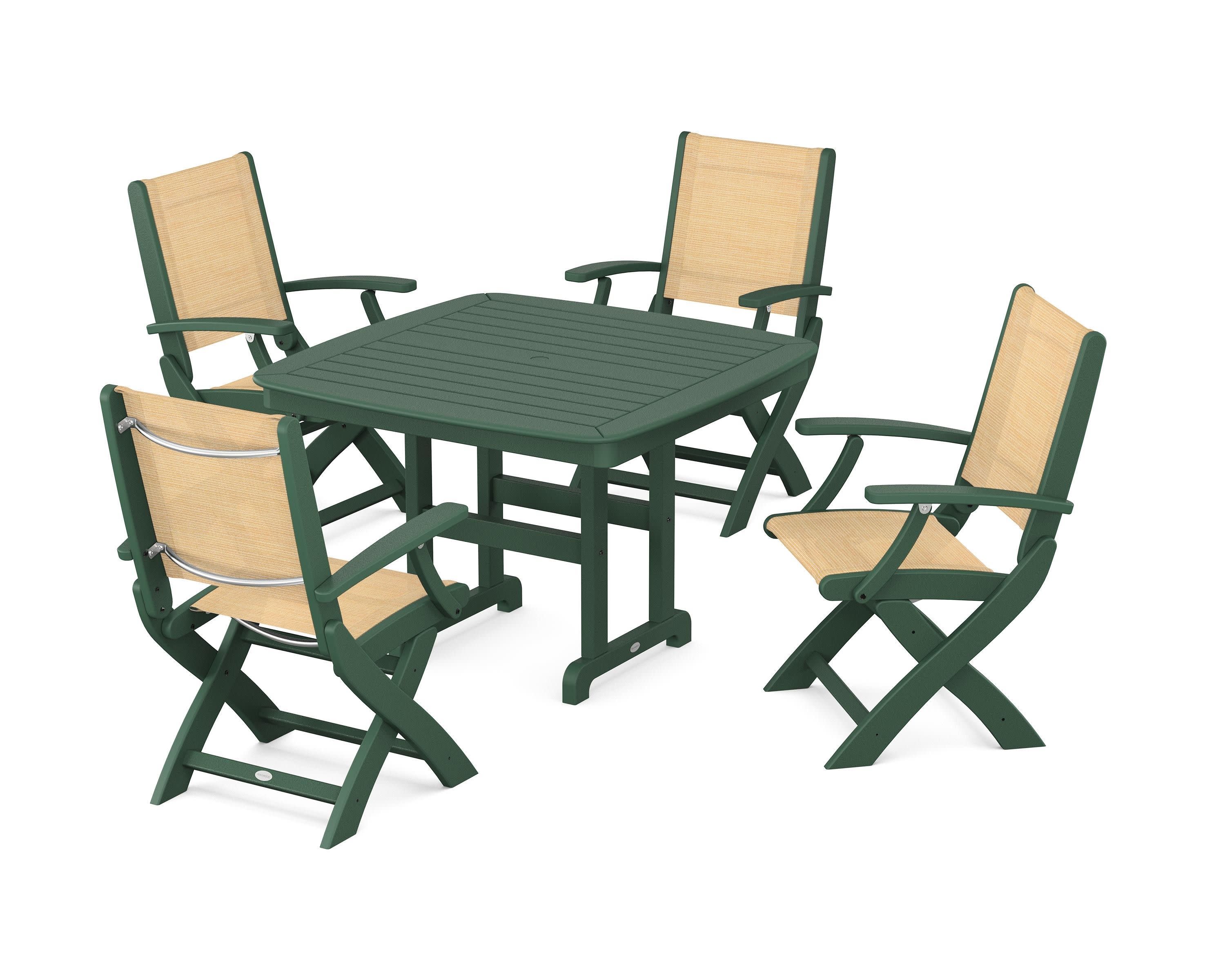 Coastal Folding Chair 5-Piece Dining Set in Green / Dupioni Apricot Sling