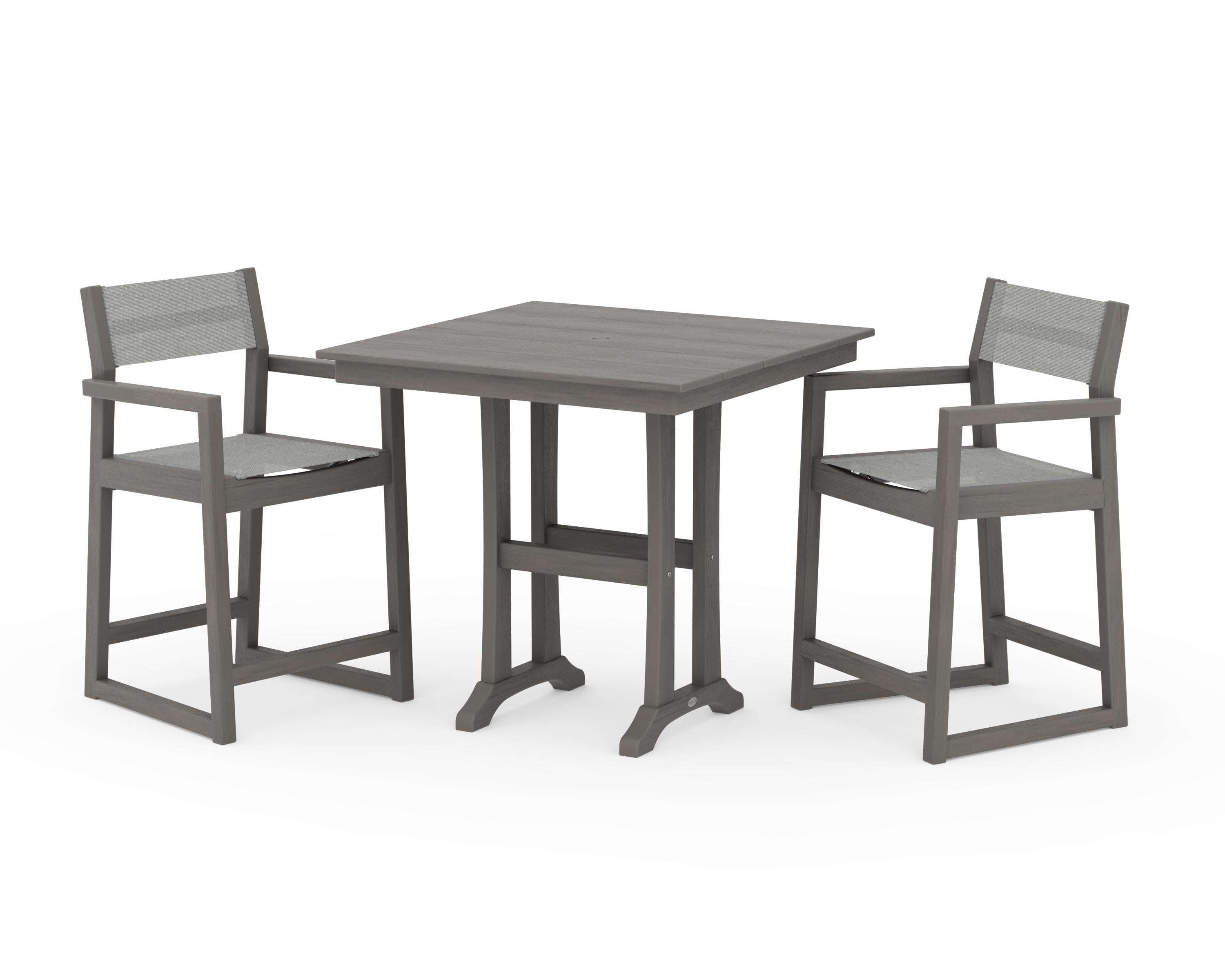 EDGE Sling Arm Chair 3-Piece Farmhouse Counter Set with Trestle Legs in Driftwood / Metallic Sling