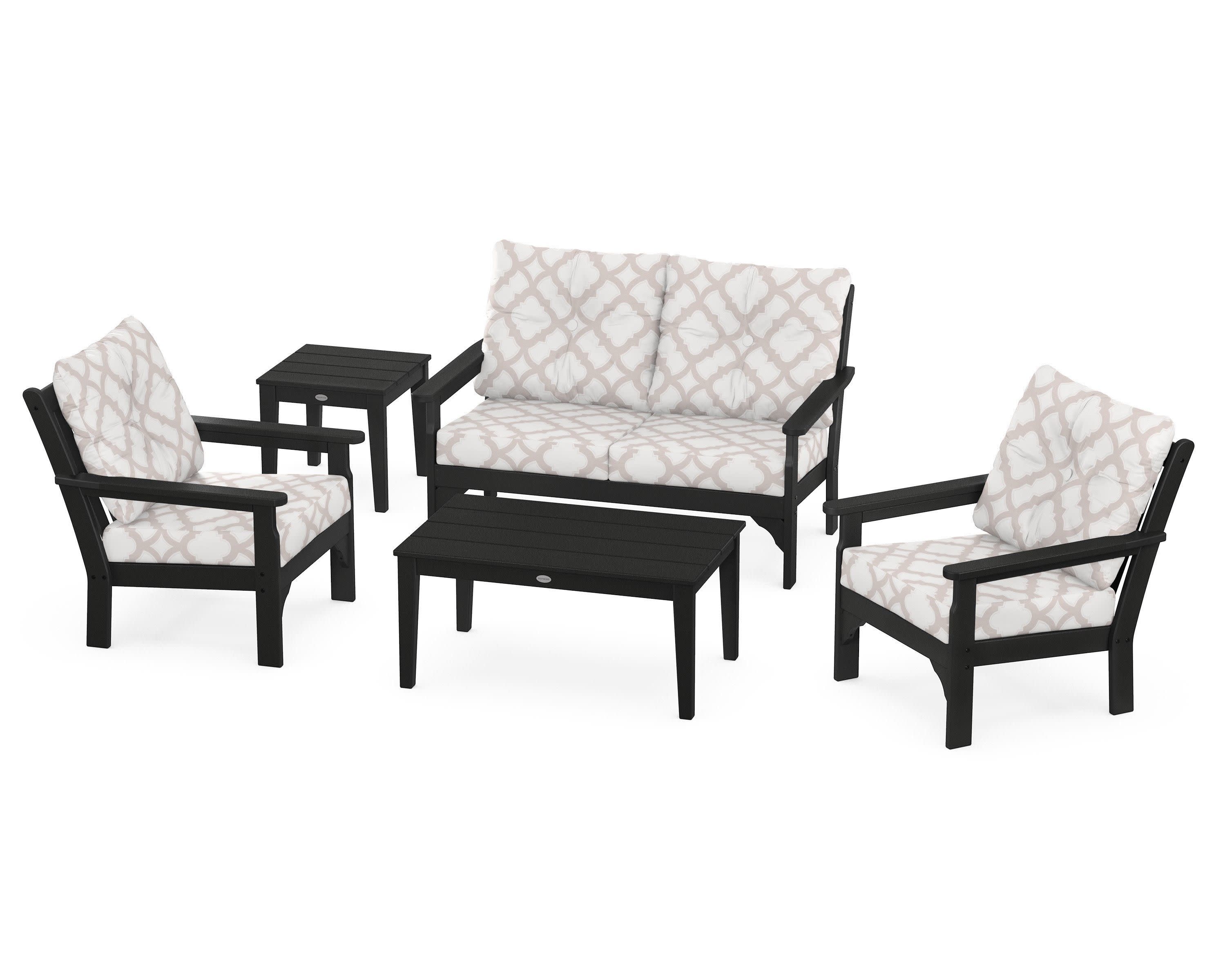 Vineyard 5-Piece Deep Seating Set in Black / Trellis Dune Burlap