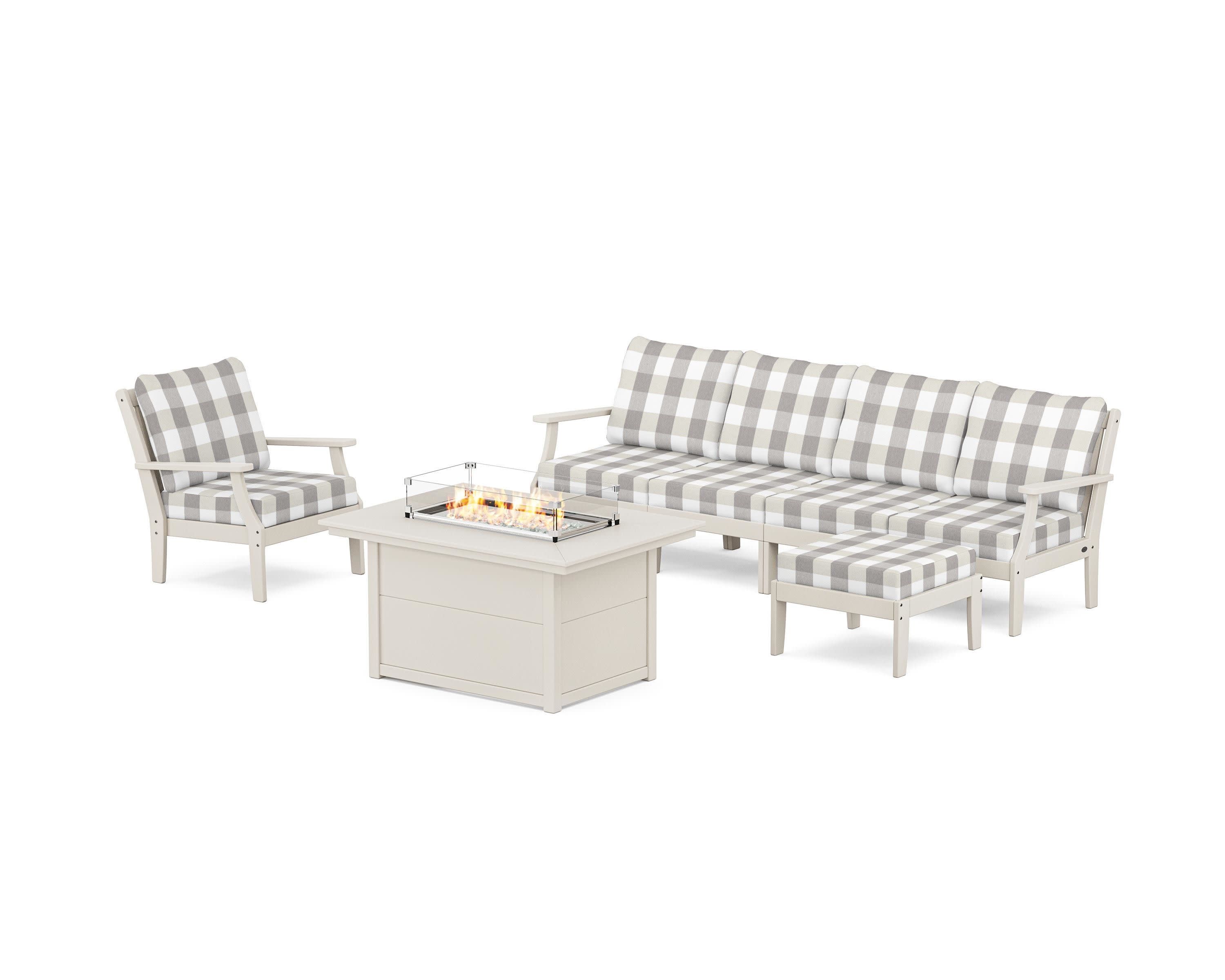 Braxton Sectional Lounge and Fire Pit Set in Sand / Buffalo Plaid Grey Mist