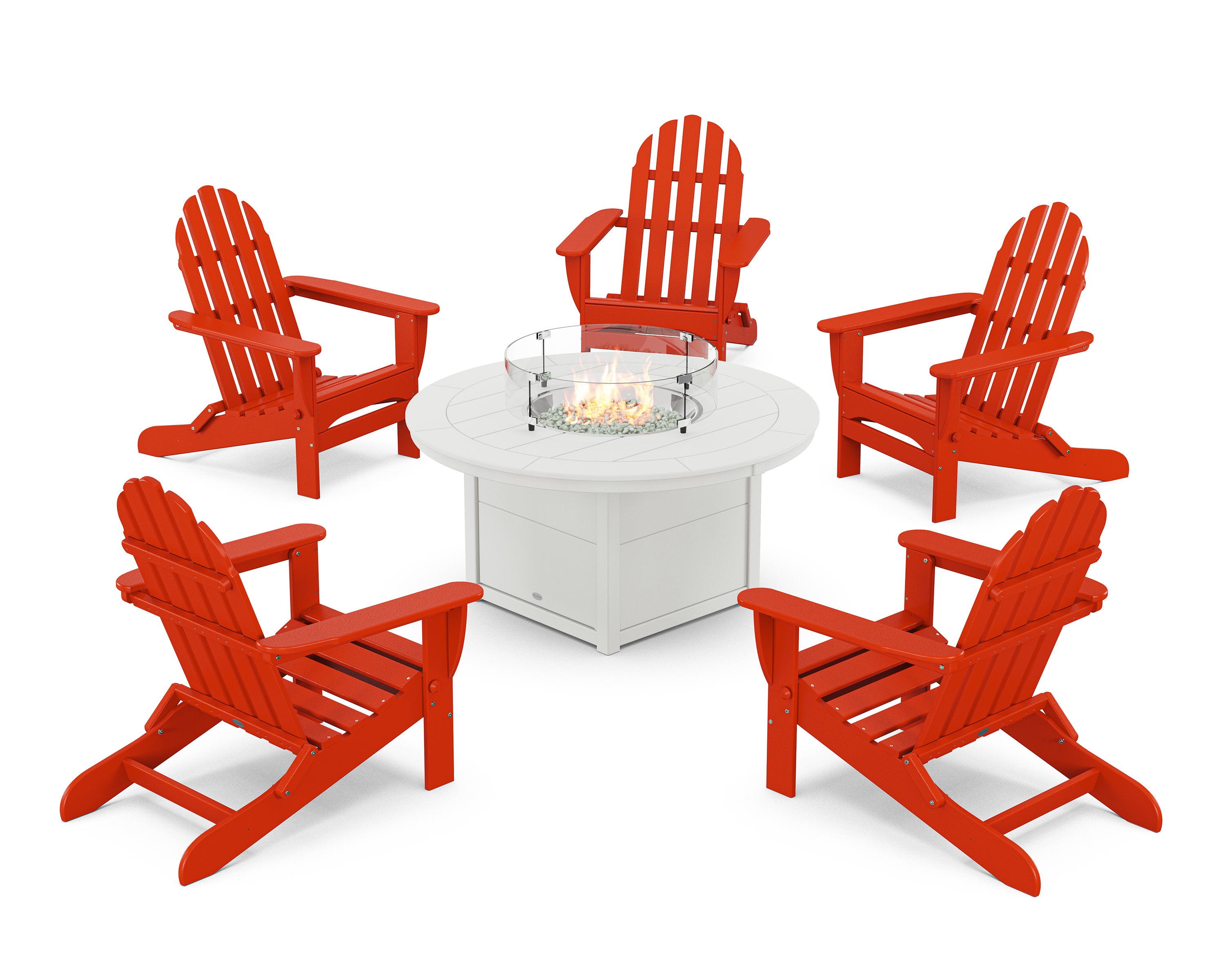 Classic Folding Adirondack 6-Piece Conversation Set with Fire Pit Table in Sunset Red / White