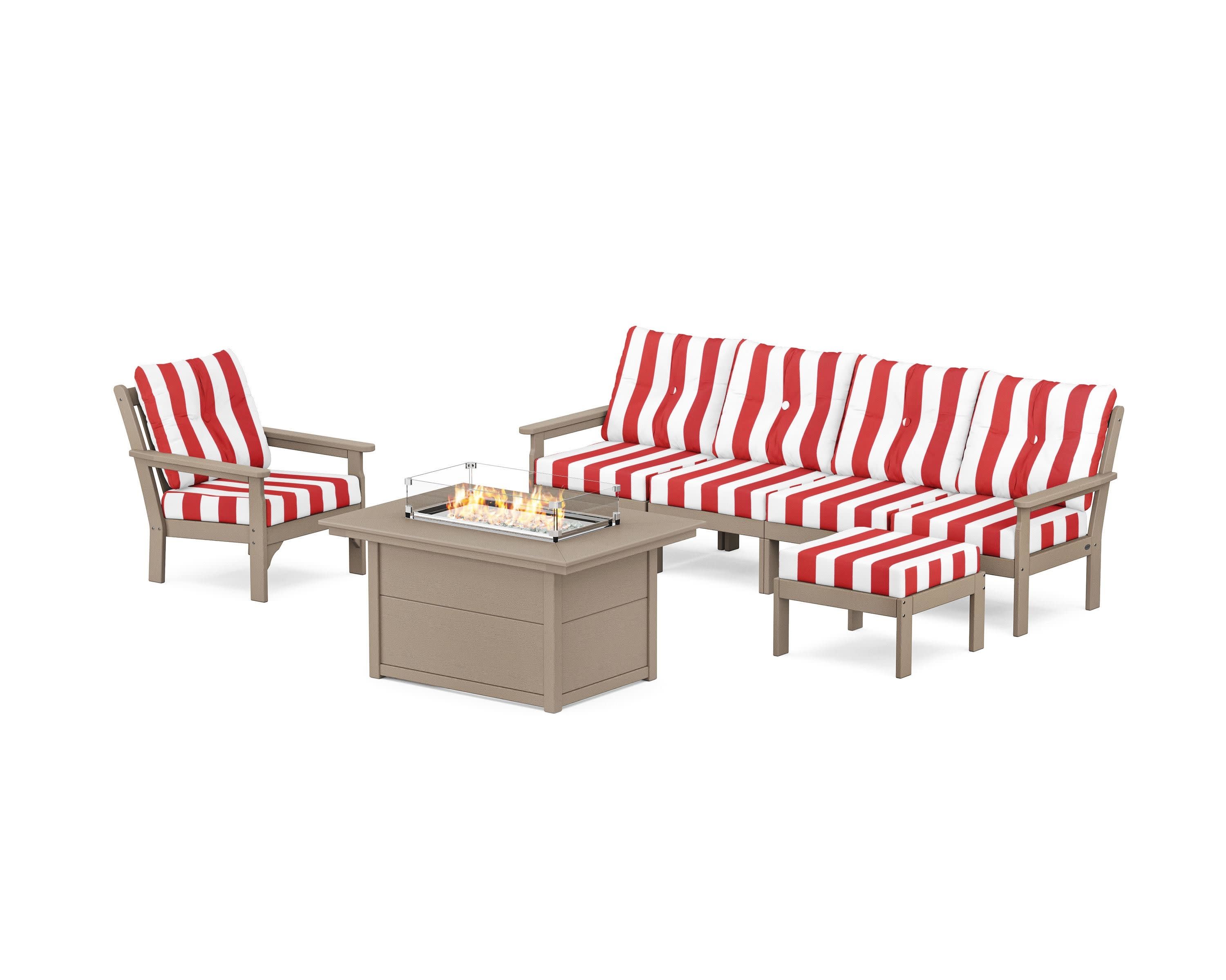 Vineyard Sectional Lounge and Fire Pit Set in Vintage Sahara / Cabana Stripe Crimson