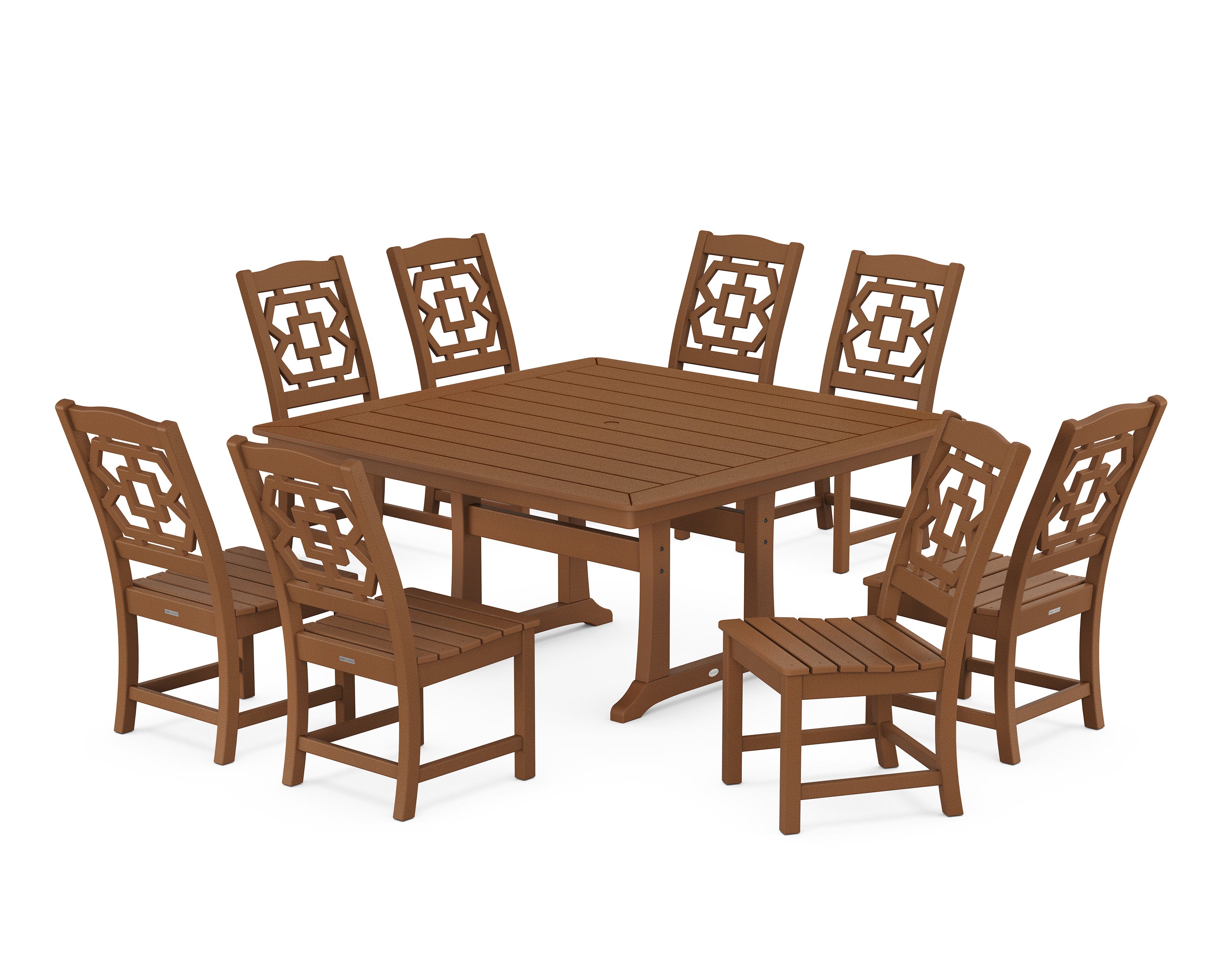 Chinoiserie 9-Piece Square Side Chair Dining Set with Trestle Legs in Teak
