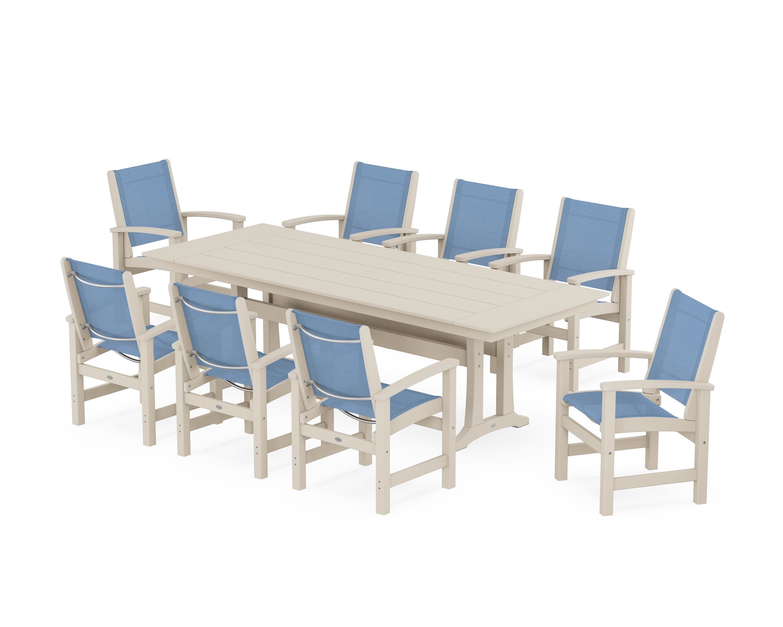 Coastal 9-Piece Farmhouse Dining Set with Trestle Legs in Sand / Poolside Sling