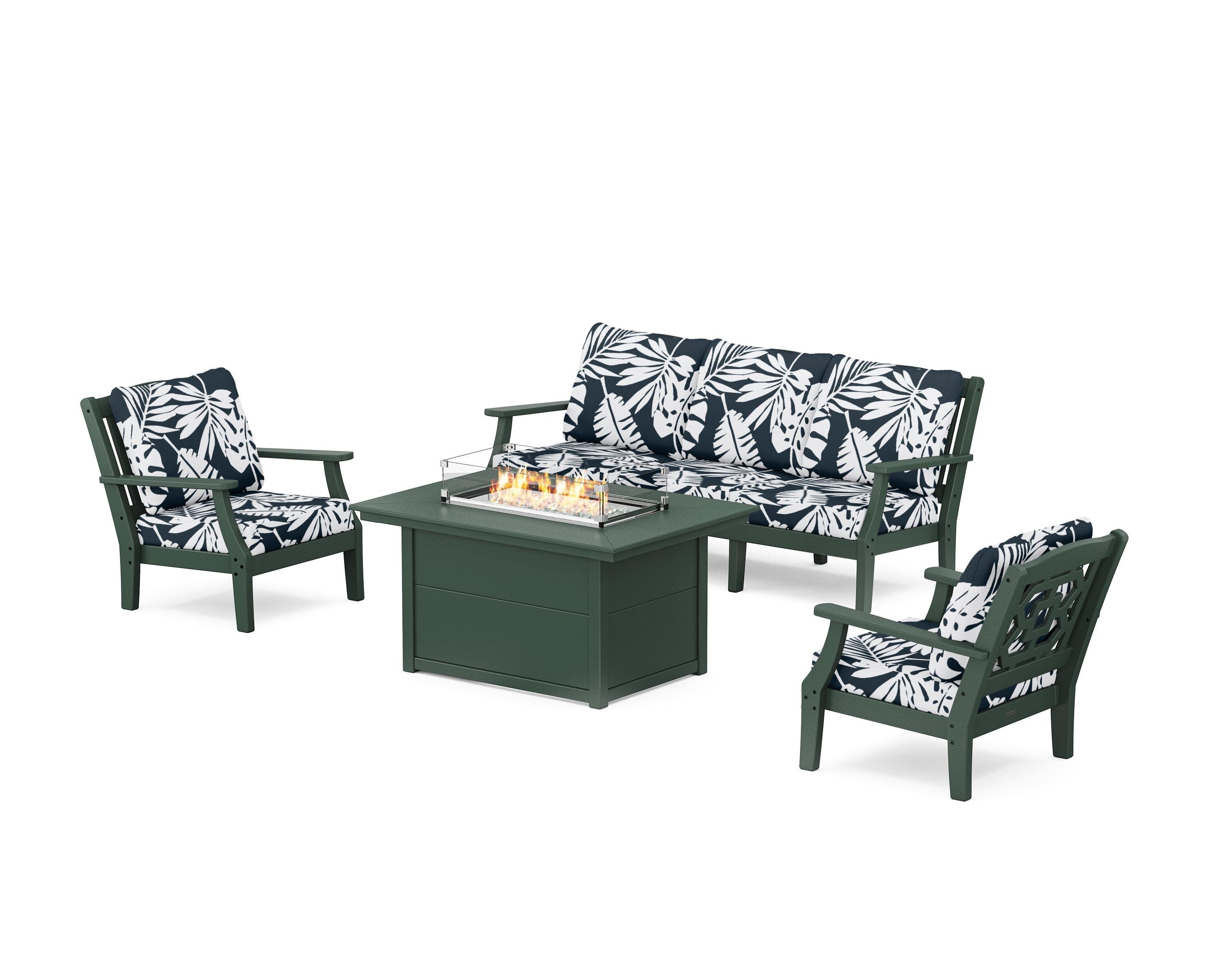 Chinoiserie Deep Seating Fire Pit Table Set in Green / Leaf Marine Indigo