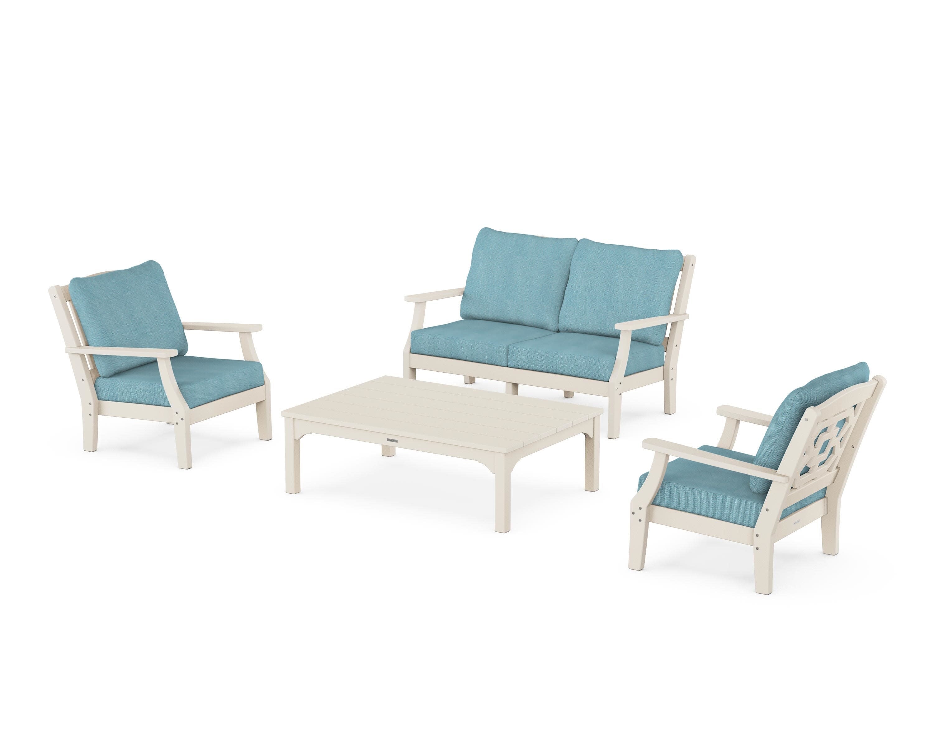 Chinoiserie 4-Piece Deep Seating Set with Loveseat in Sand / Lattice Sky Blue