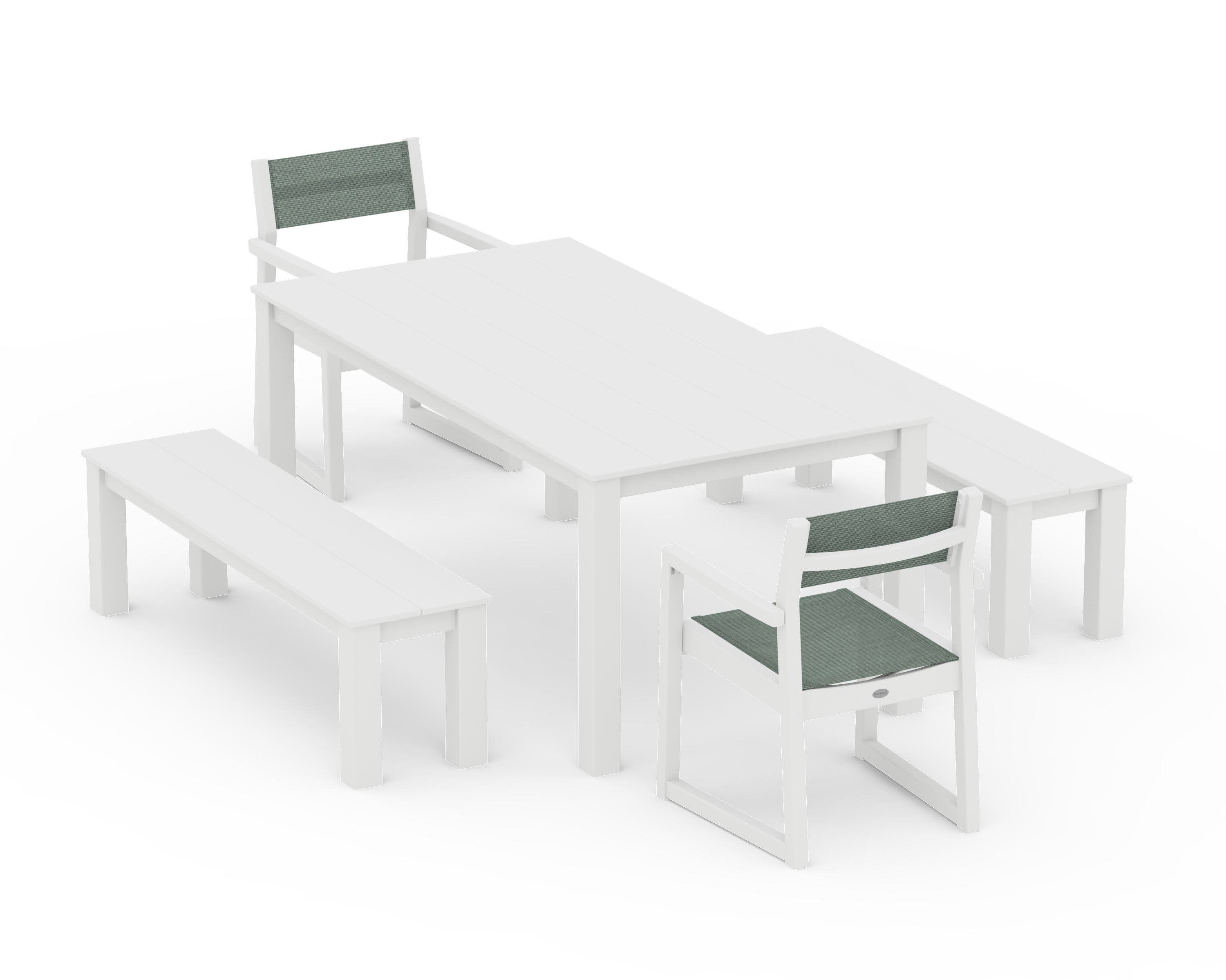 EDGE Sling Arm Chair 5-Piece Parsons Dining Set with Benches in White / Dupioni Sea Mist Sling