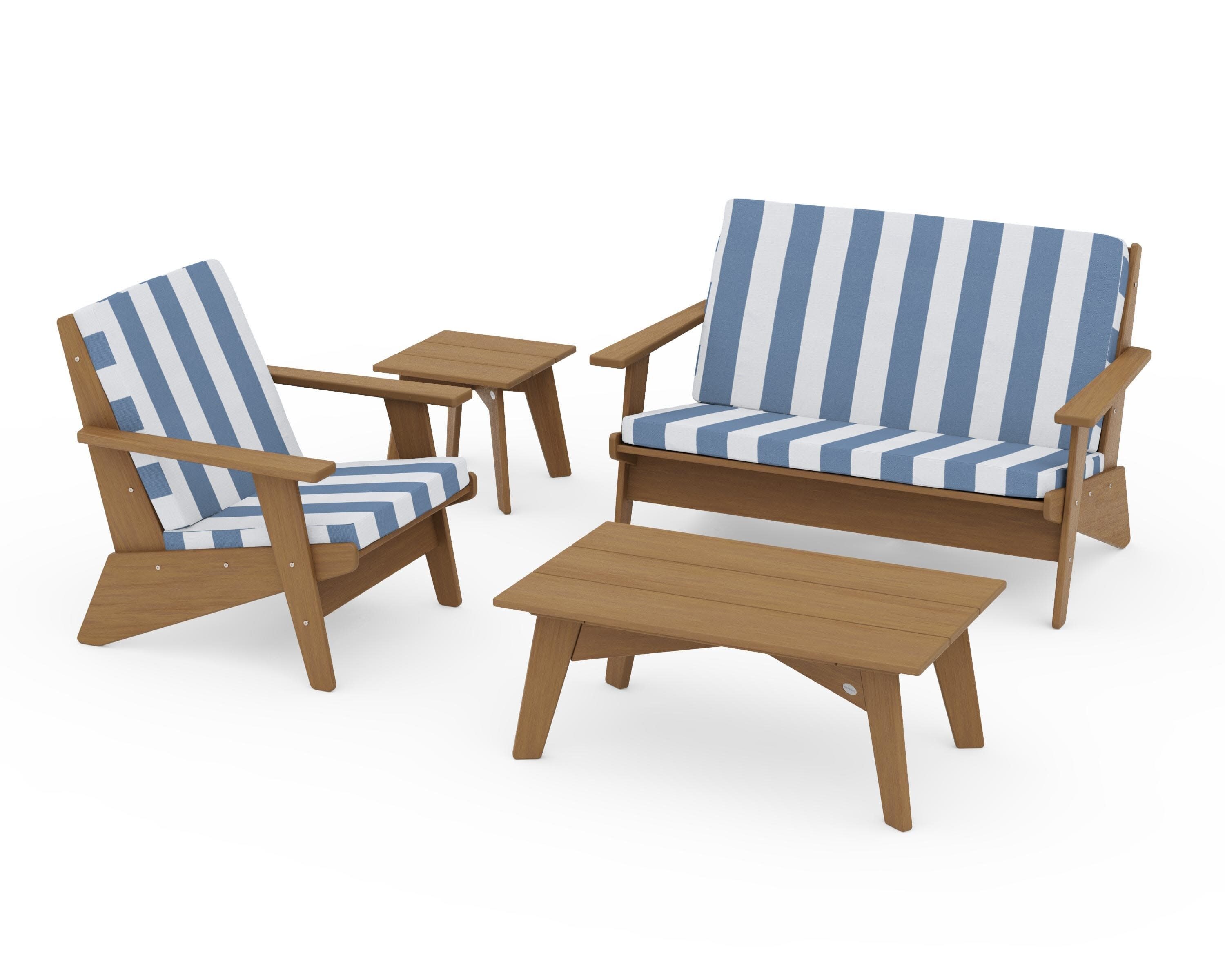Riviera Modern Lounge 4-Piece Set in Natural / Cabana Stripe Sky Blue