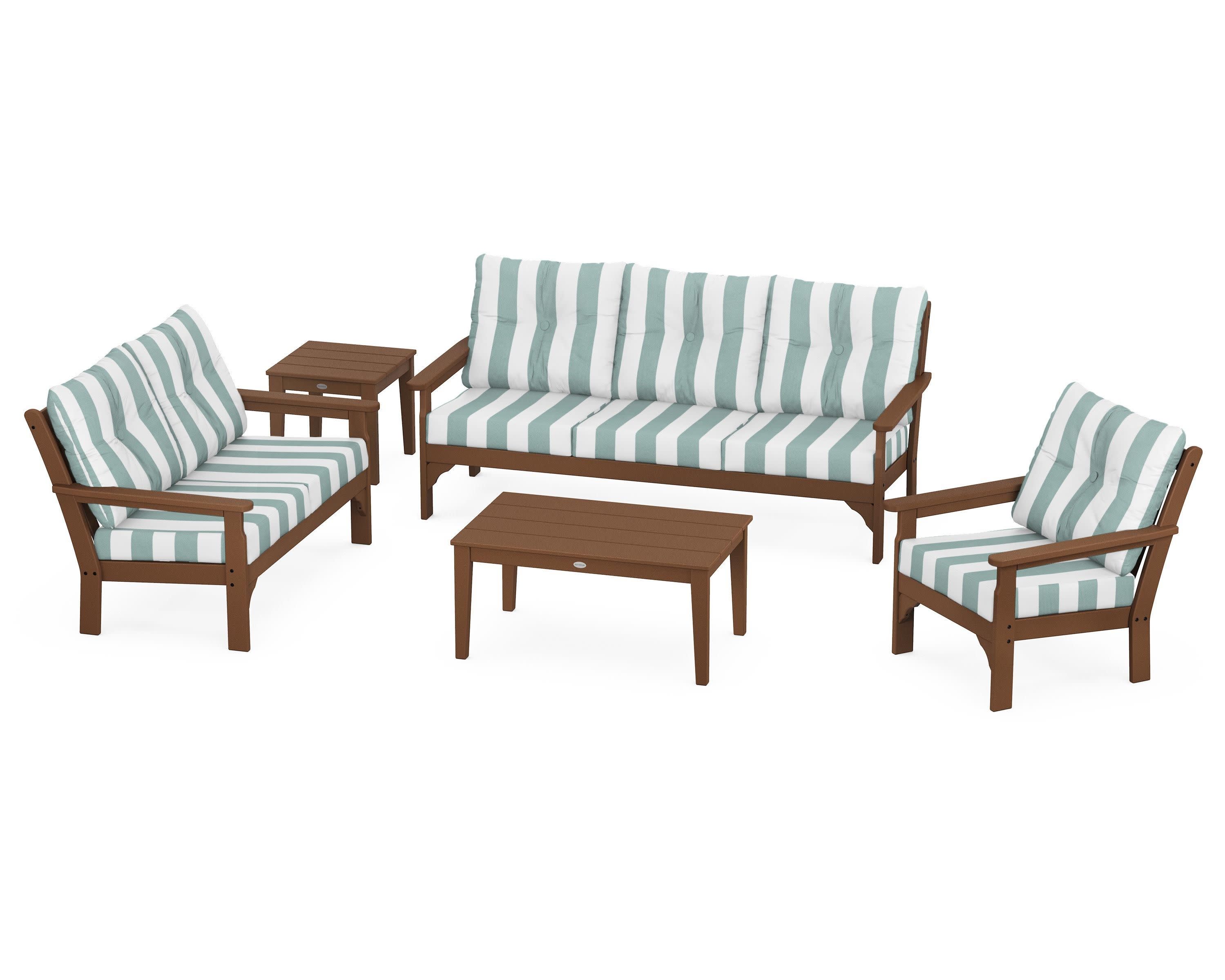 Vineyard 5 Piece Deep Seating Set in Teak / Cabana Stripe Glacier Spa