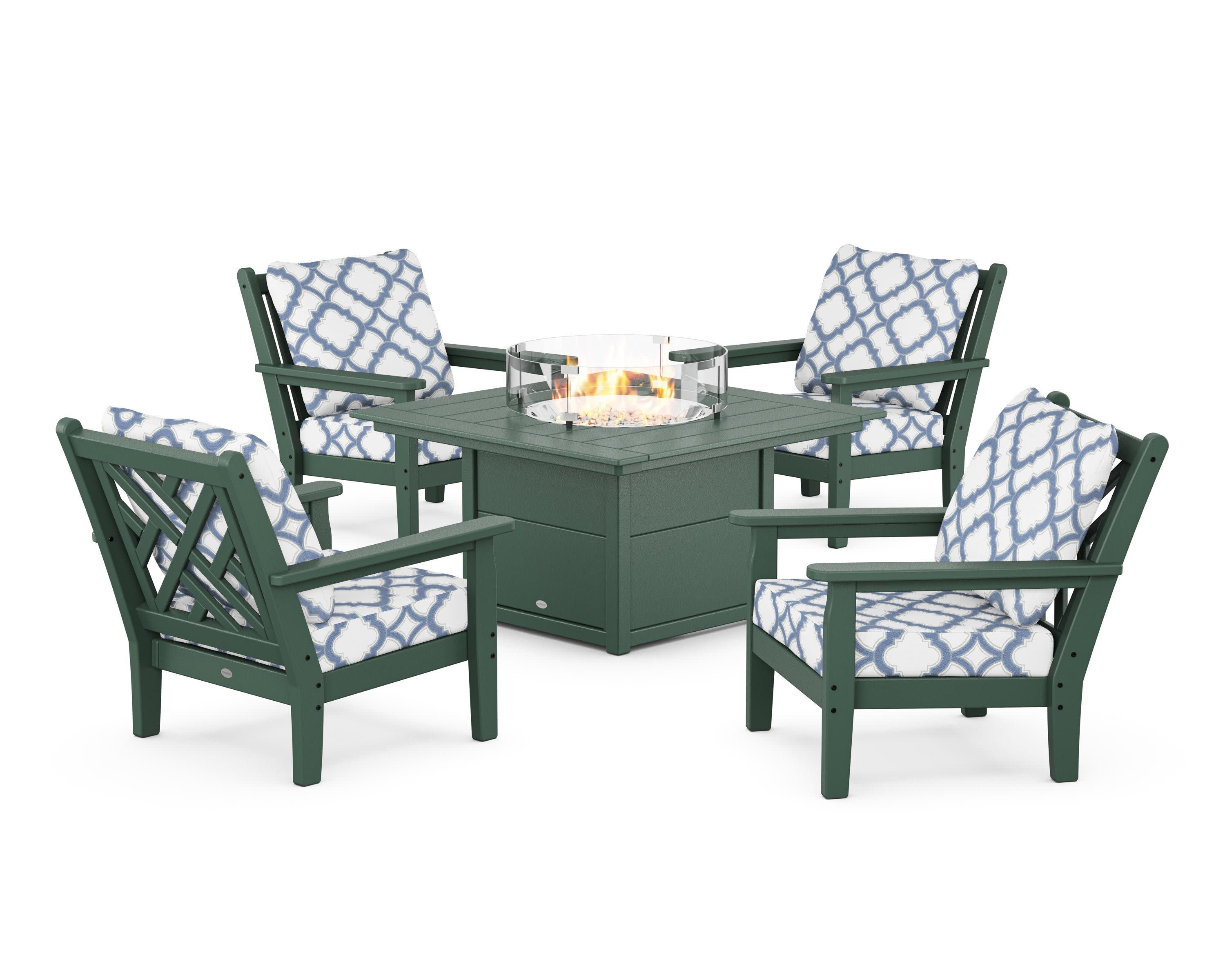 Chippendale 5-Piece Deep Seating Set with Fire Pit Table in Green / Trellis Sky Blue
