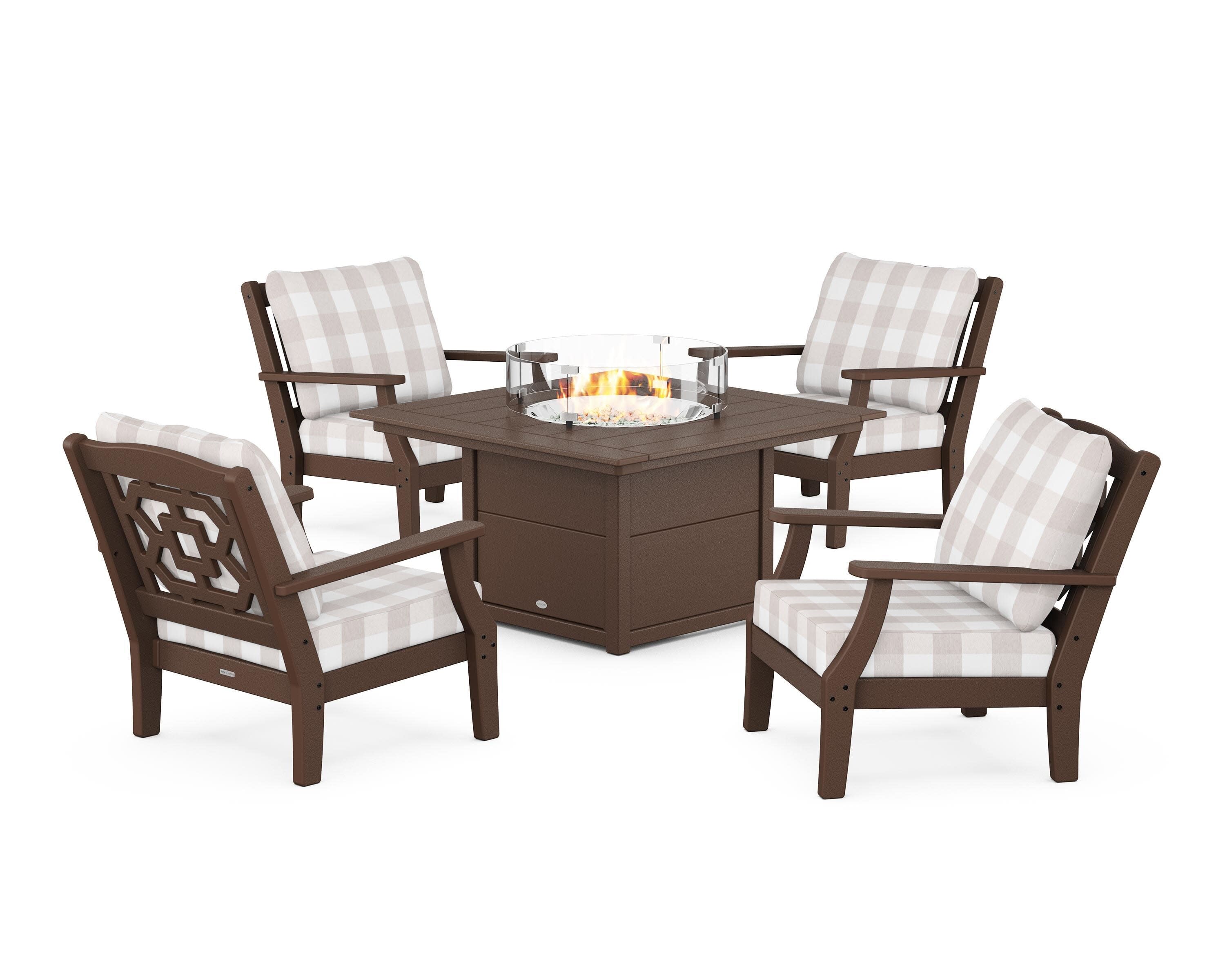 Chinoiserie 5-Piece Deep Seating Set with Fire Pit Table in Mahogany / Buffalo Plaid Dune Burlap