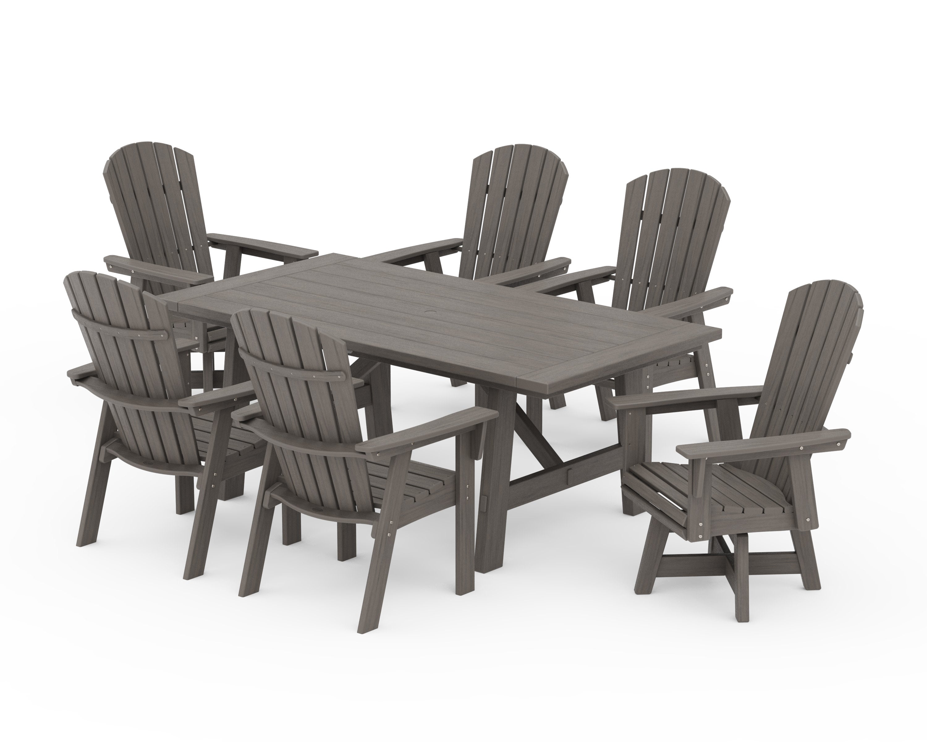 Nautical Curveback Adirondack Swivel Chair 7-Piece Rustic Farmhouse Dining Set in Driftwood
